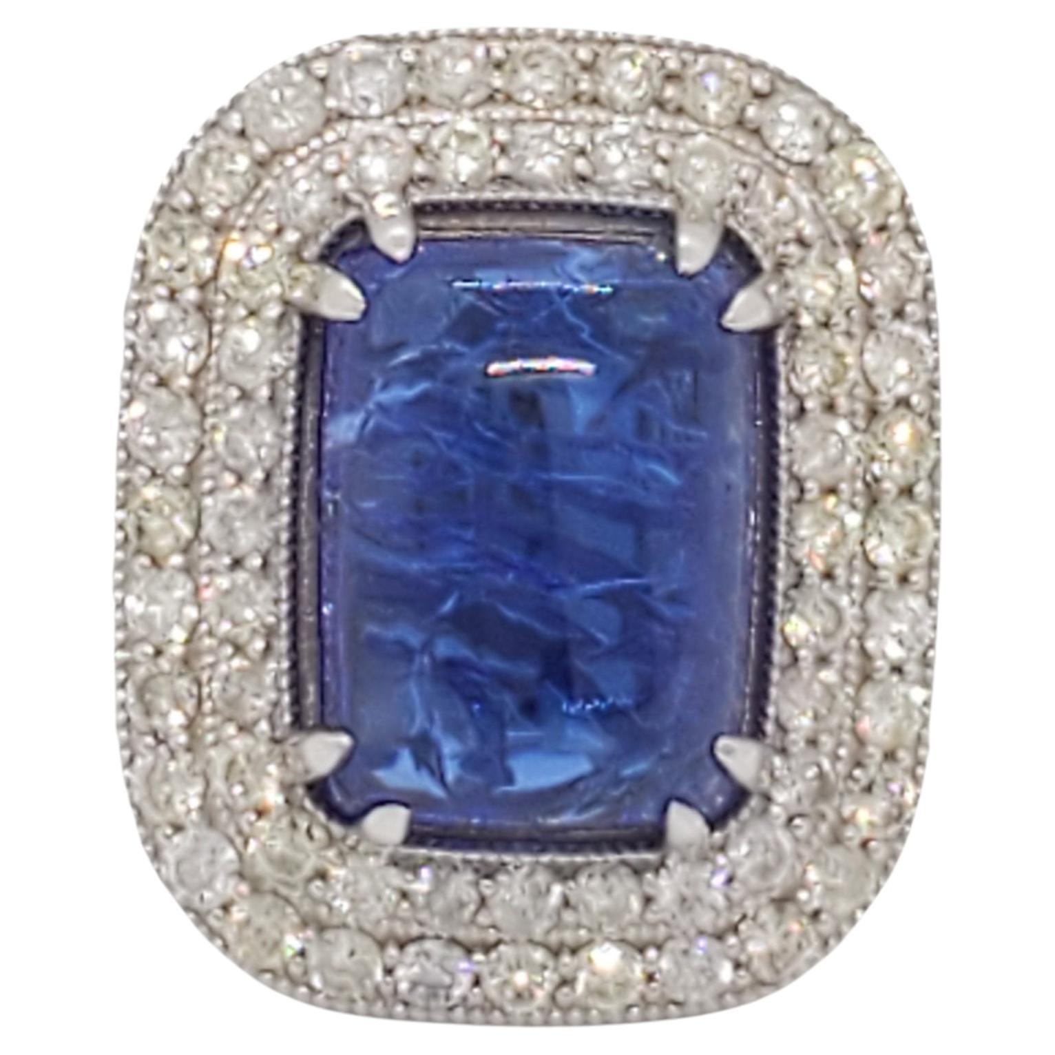 Tanzanite Rectangular Cabochon and White Diamond Cocktail Ring in 18k White Gold For Sale
