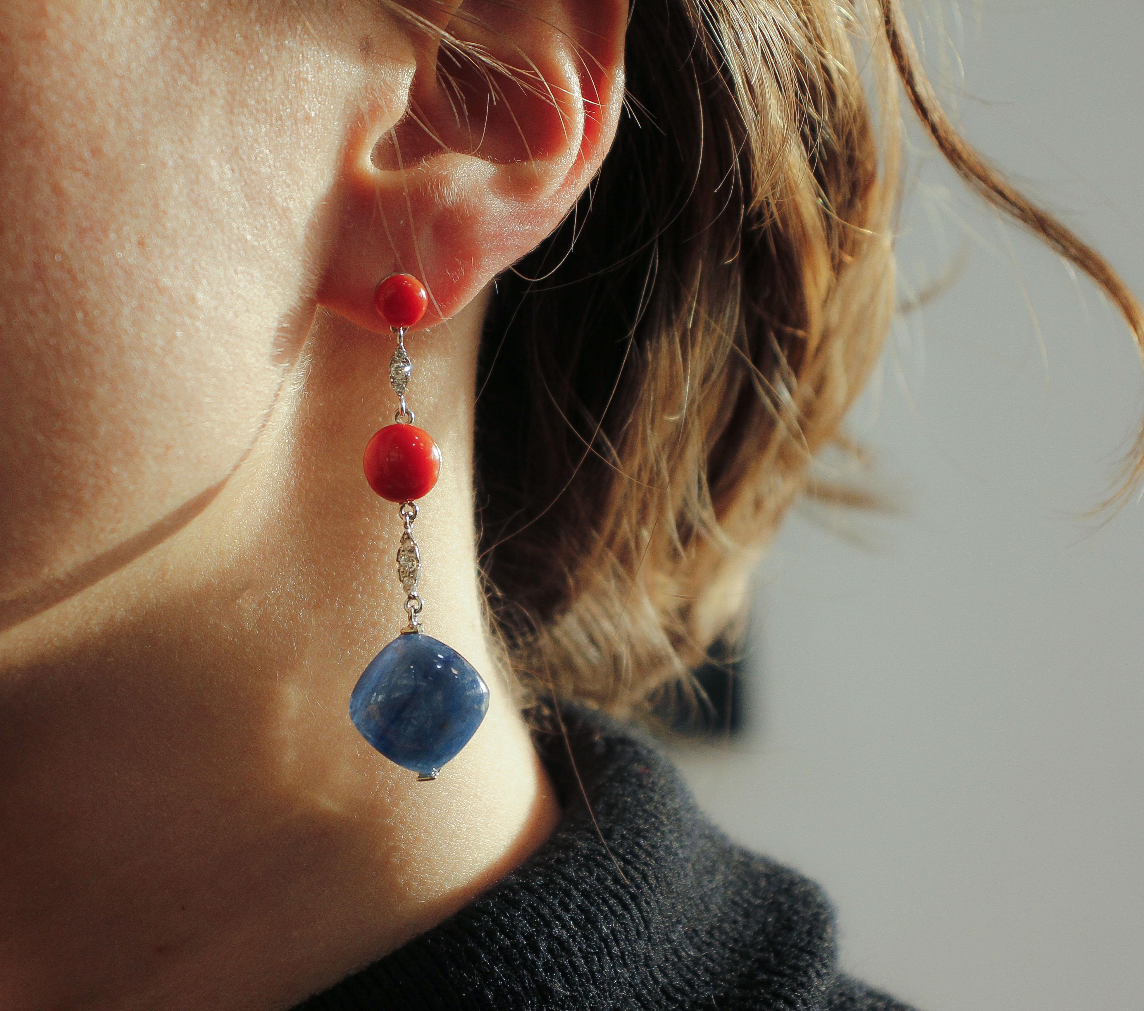 Women's Tanzanite, Red Coral Spheres, Diamonds, White Gold Fashion Dangle Earrings For Sale