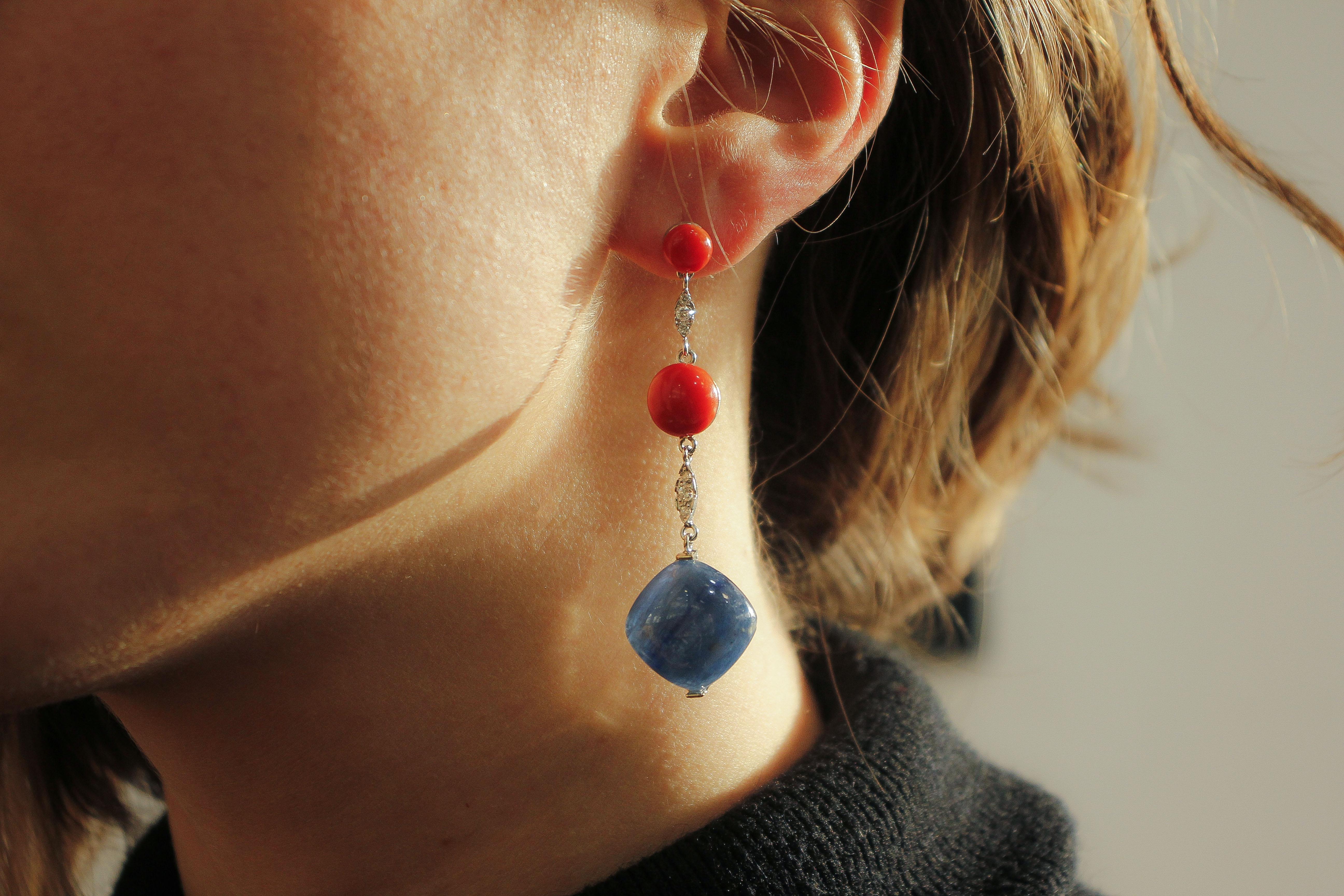 Tanzanite, Red Coral Spheres, Diamonds, White Gold Fashion Dangle Earrings For Sale 1