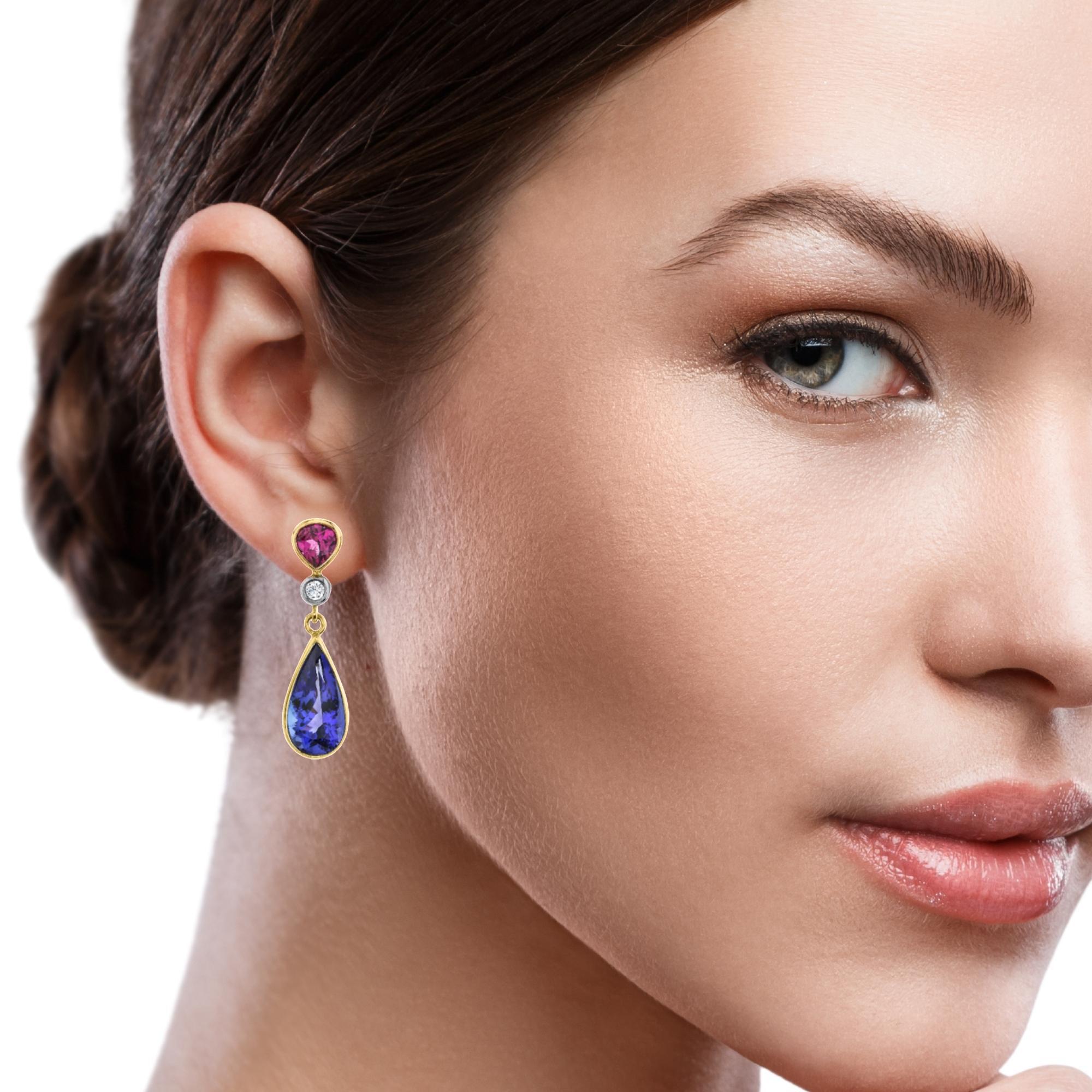 Tanzanite, Rhodolite and Diamond Drop Earrings in Yellow Gold, 8.52 Carats For Sale 5