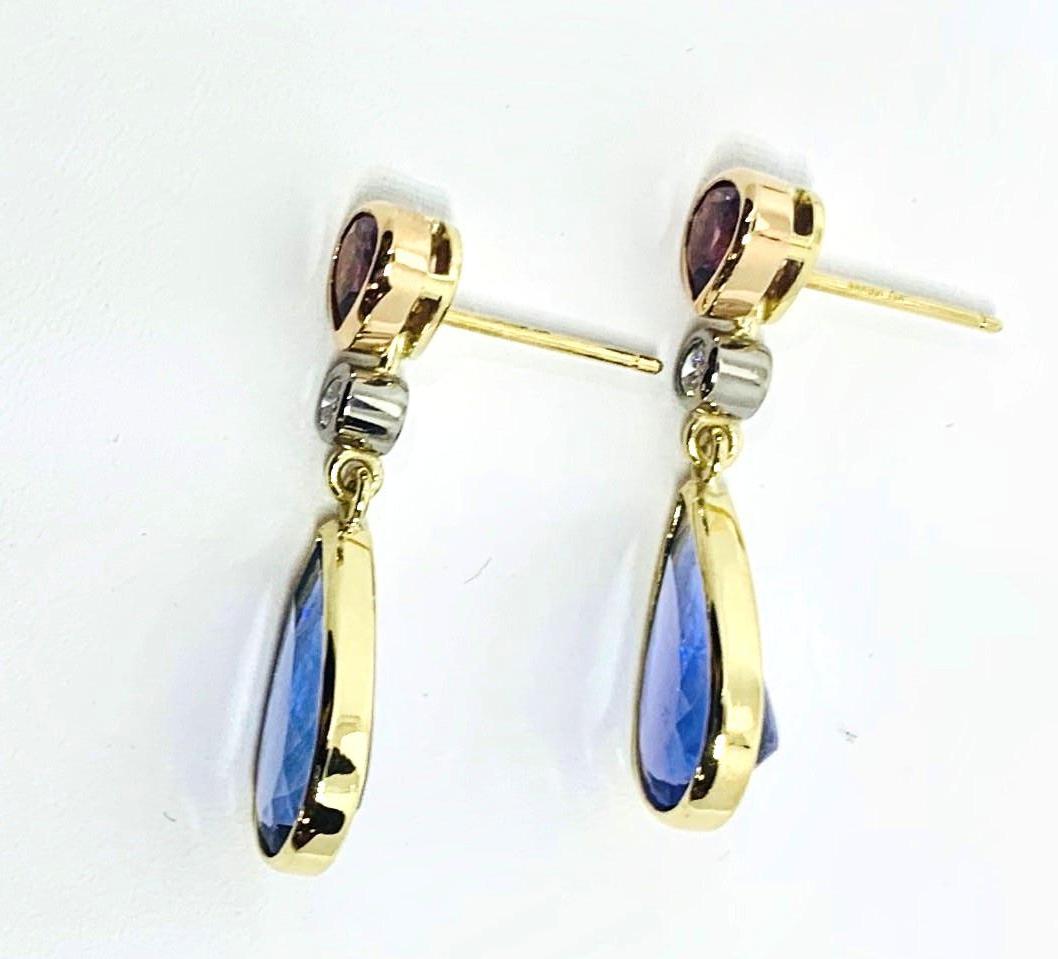 Artisan Tanzanite, Rhodolite and Diamond Drop Earrings in Yellow Gold, 8.52 Carats  For Sale