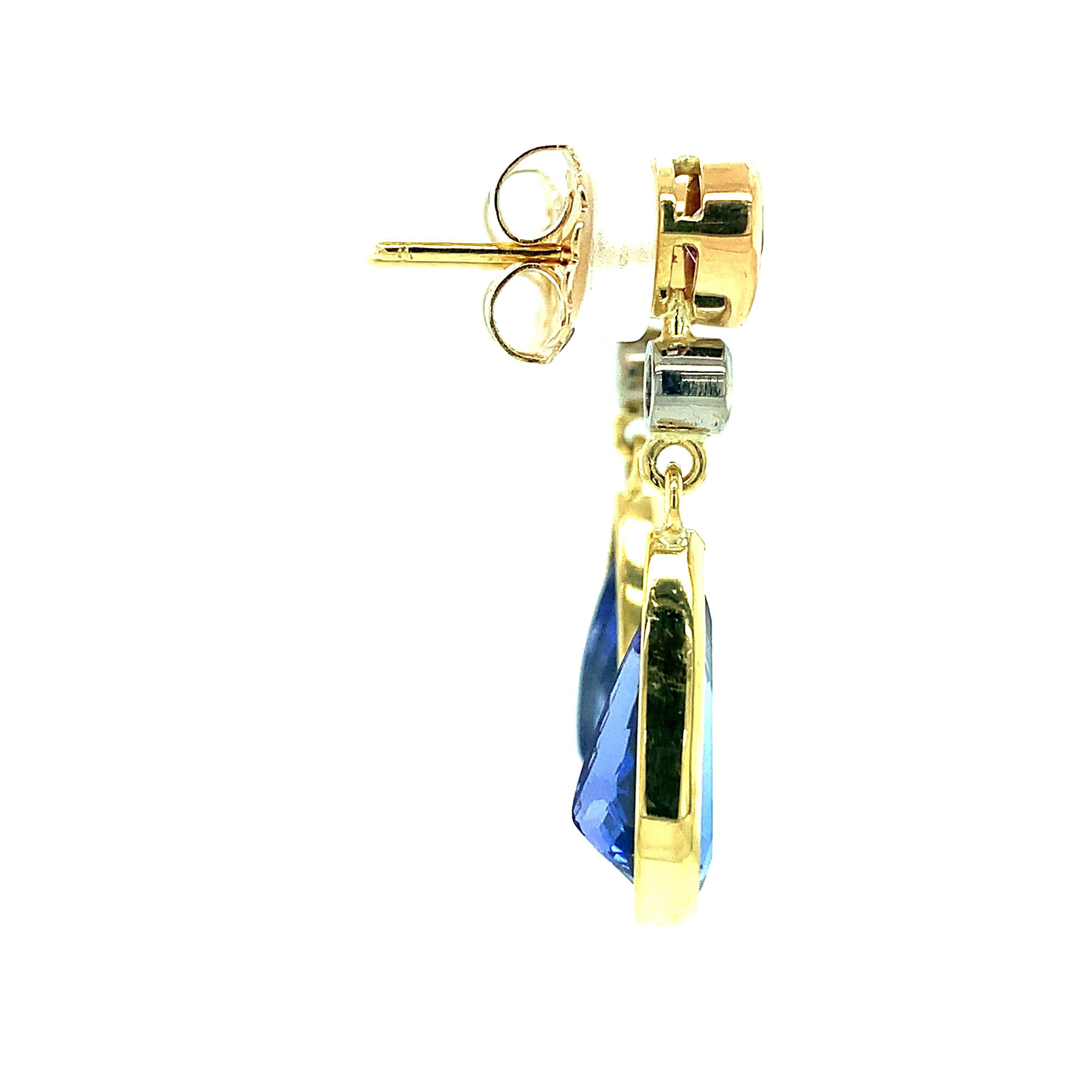 Artisan Tanzanite, Rhodolite and Diamond Drop Earrings in Yellow Gold, 8.52 Carats For Sale