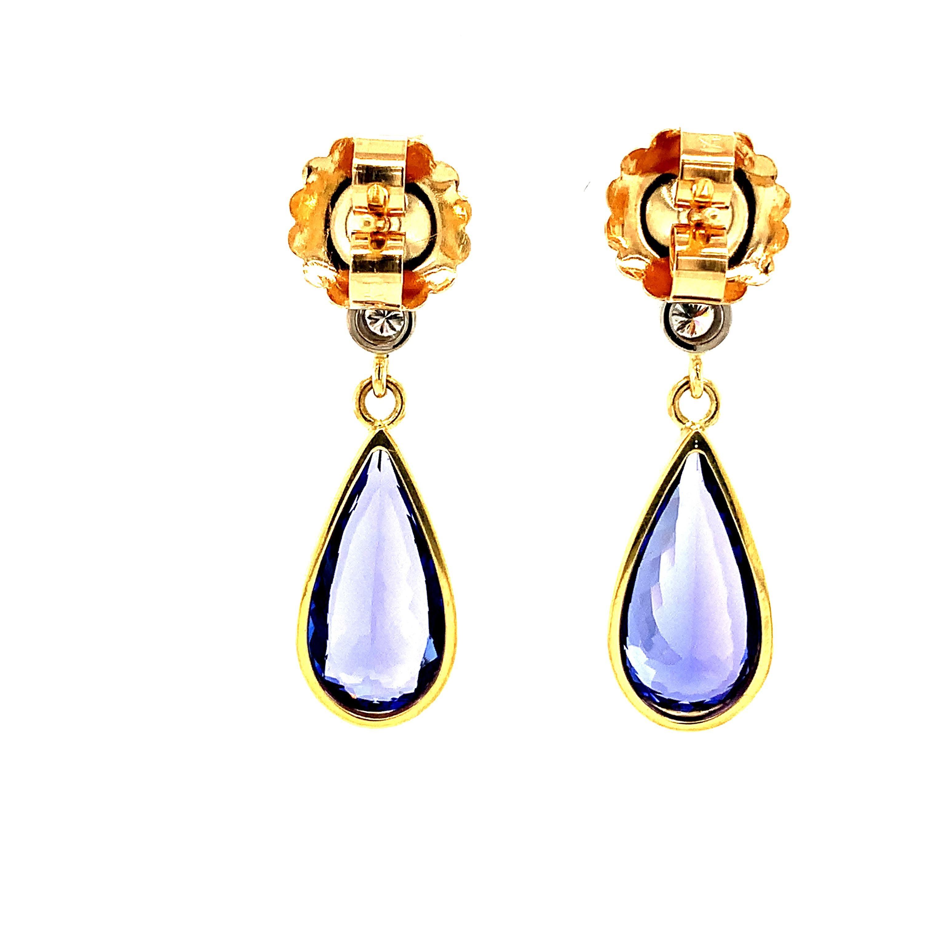 Pear Cut Tanzanite, Rhodolite and Diamond Drop Earrings in Yellow Gold, 8.52 Carats For Sale