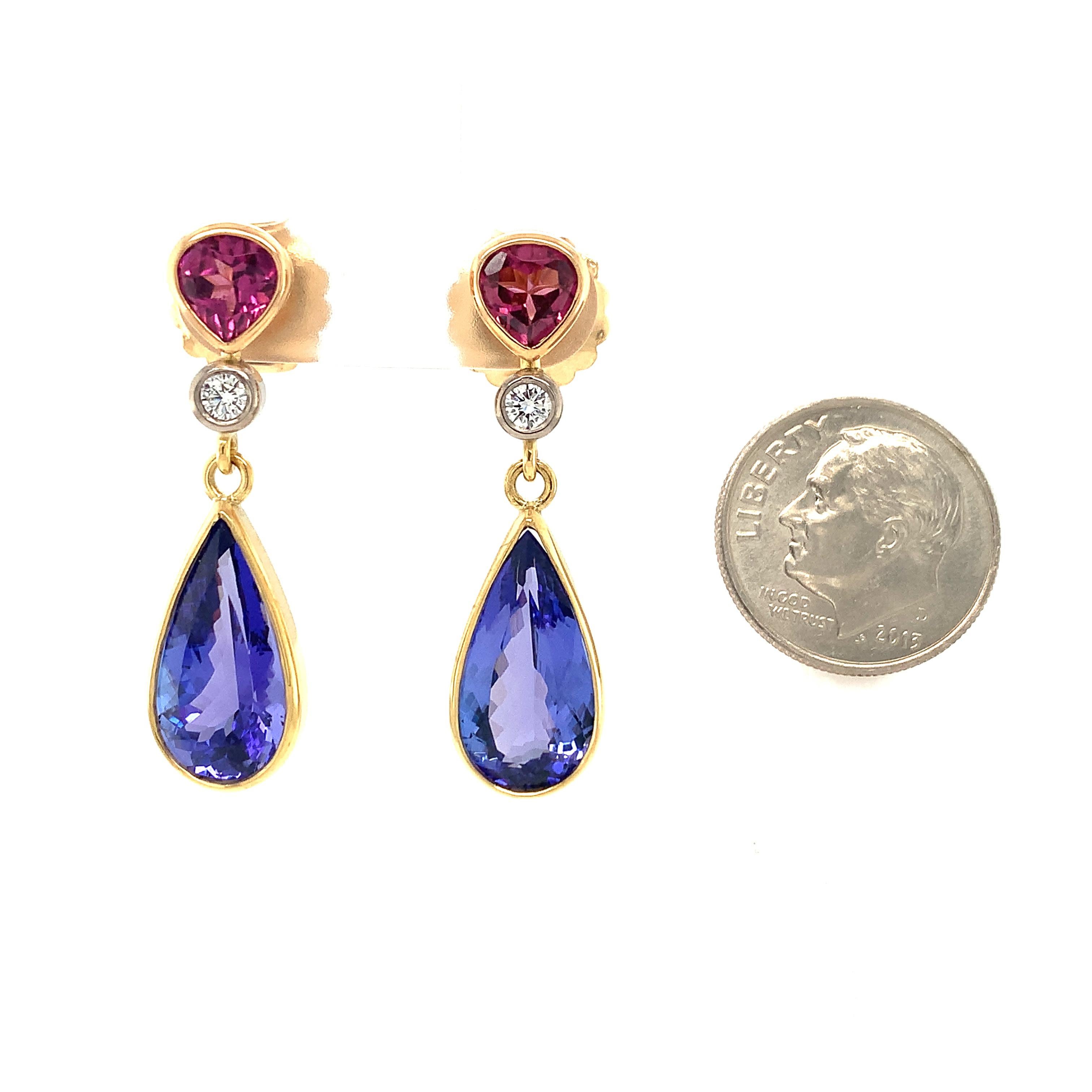 Women's Tanzanite, Rhodolite and Diamond Drop Earrings in Yellow Gold, 8.52 Carats For Sale