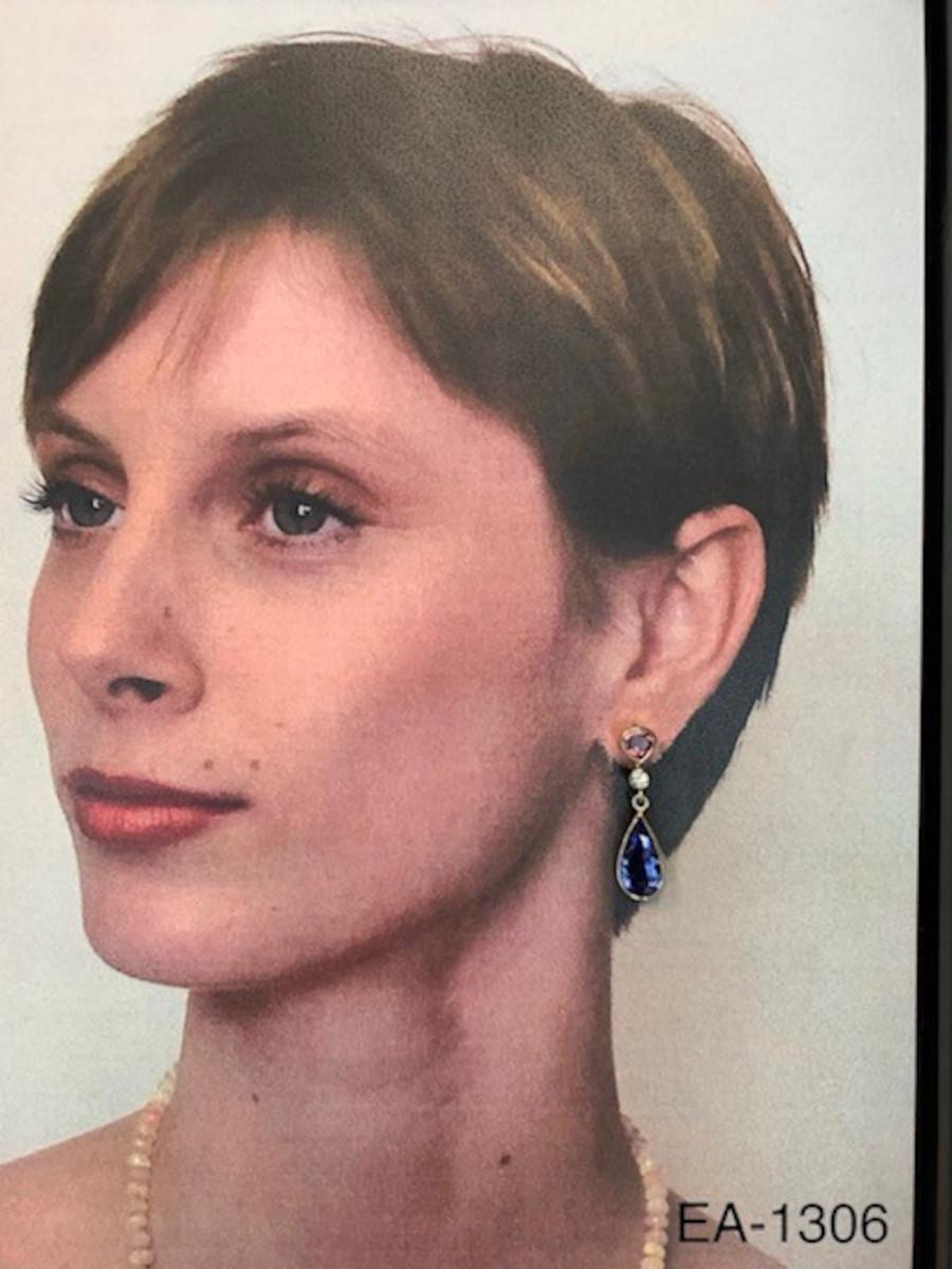Tanzanite, Rhodolite and Diamond Drop Earrings in Yellow Gold, 8.52 Carats For Sale 1