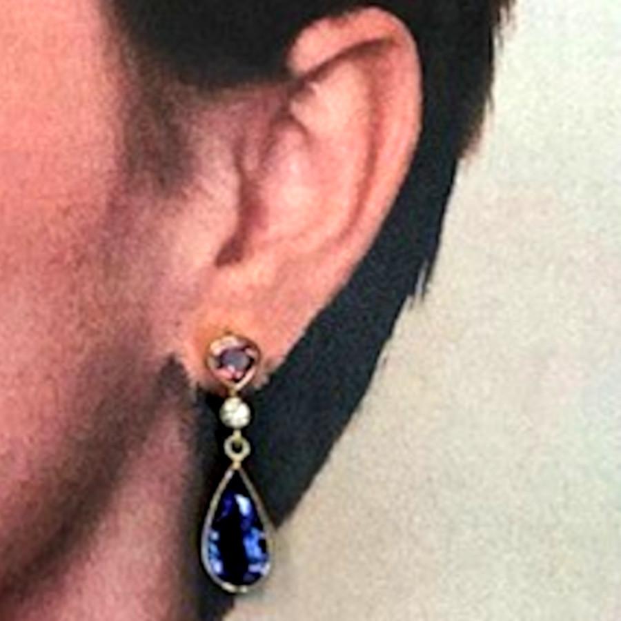 Tanzanite, Rhodolite and Diamond Drop Earrings in Yellow Gold, 8.52 Carats For Sale 2