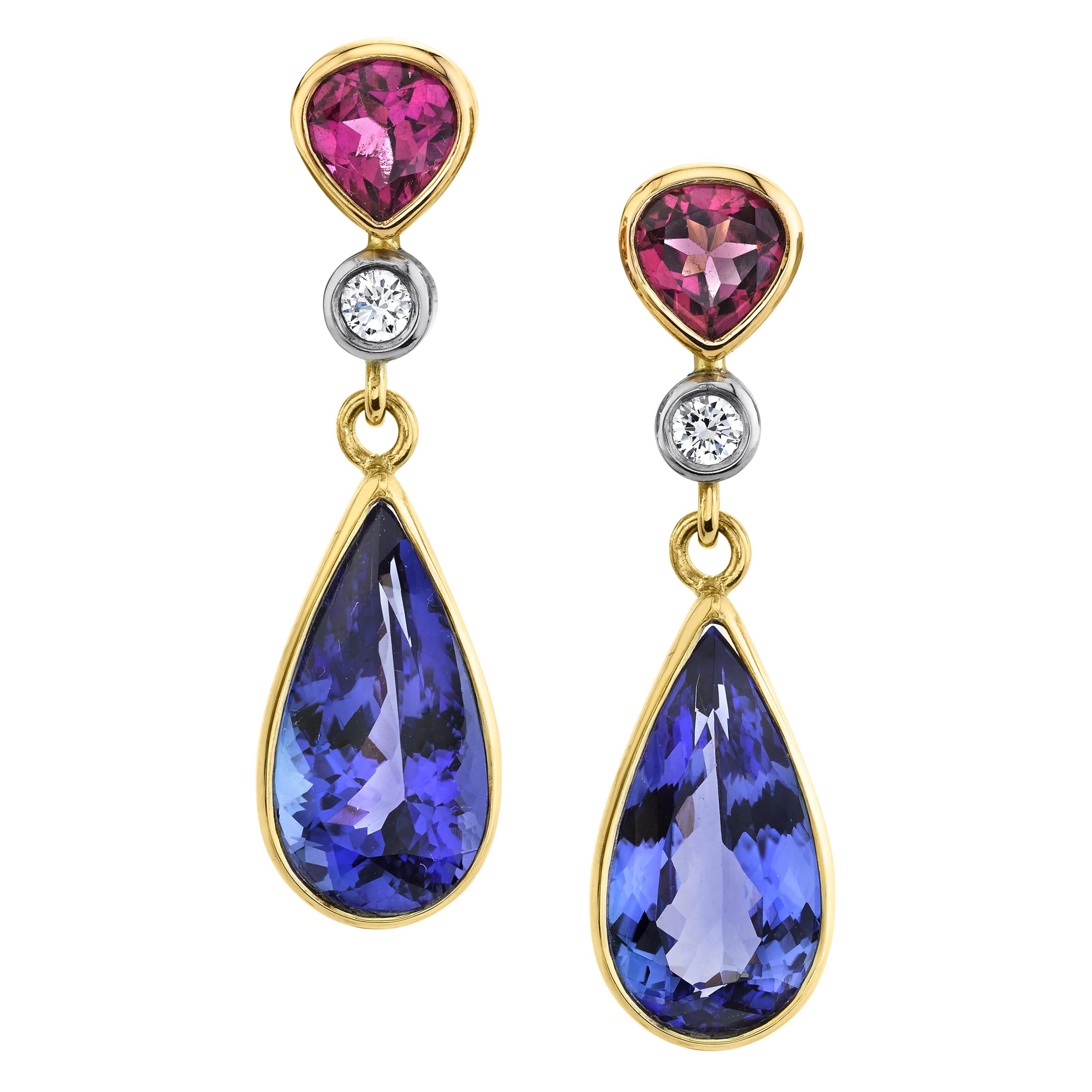 Tansanit, Rhodolith und Diamant-Tropfen-Ohrringe aus Gelbgold, 8,52 Karat