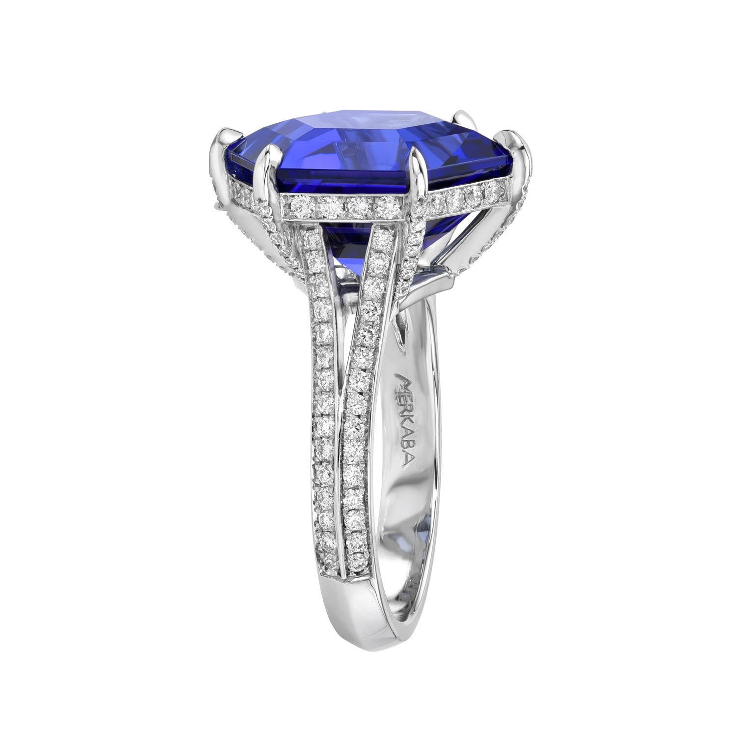 Remarkable one-of-a-kind 10.21 carat Tanzanite Hexagon platinum ring, decorated with a total of 0.61 carat round brilliant collection diamonds.
Tanzanite dimensions: 15.2 x 12.9 x 8.4 mm. 
Ring size 6.5. Resizing is complementary upon