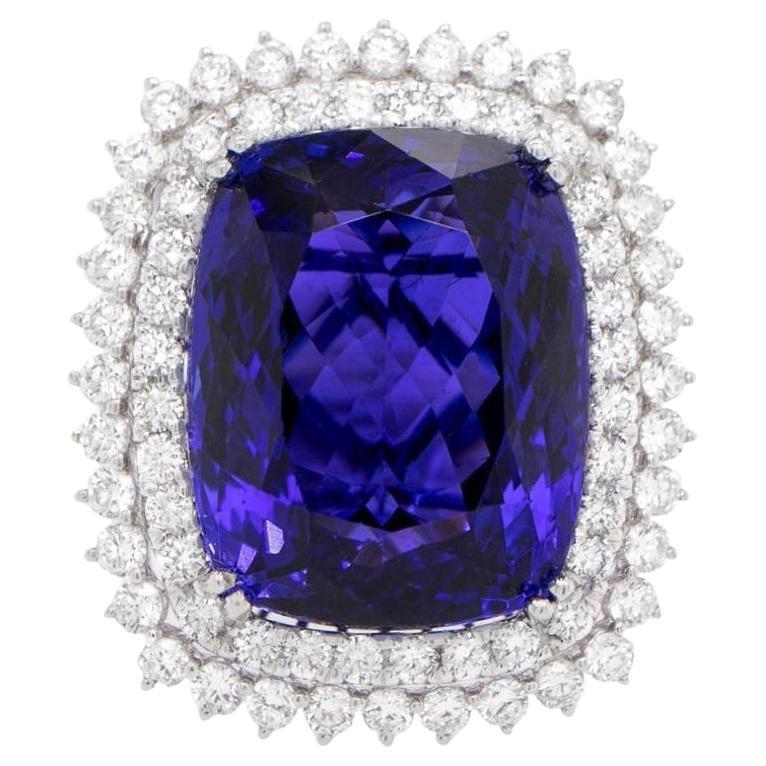 Tanzanite Ring 18.24 Carat with Double Diamond Halo 1.56 Carats Total 18k Gold