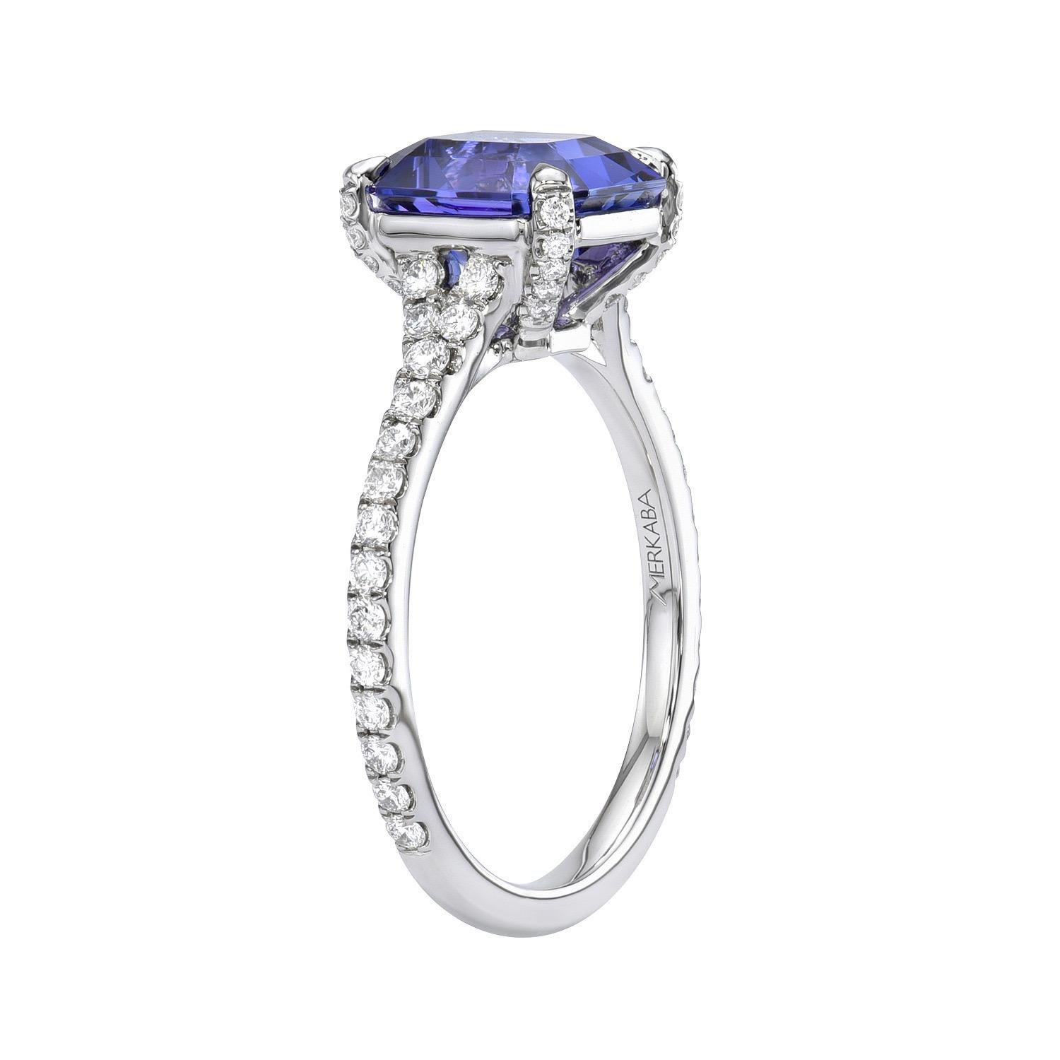 Elegant 2.64 carat Tanzanite square Emerald Cut platinum ring, decorated with a total of 0.41 carat round brilliant diamonds.
Ring size 6.5. Resizing is complementary upon request.
Returns are accepted and paid by us within 7 days of