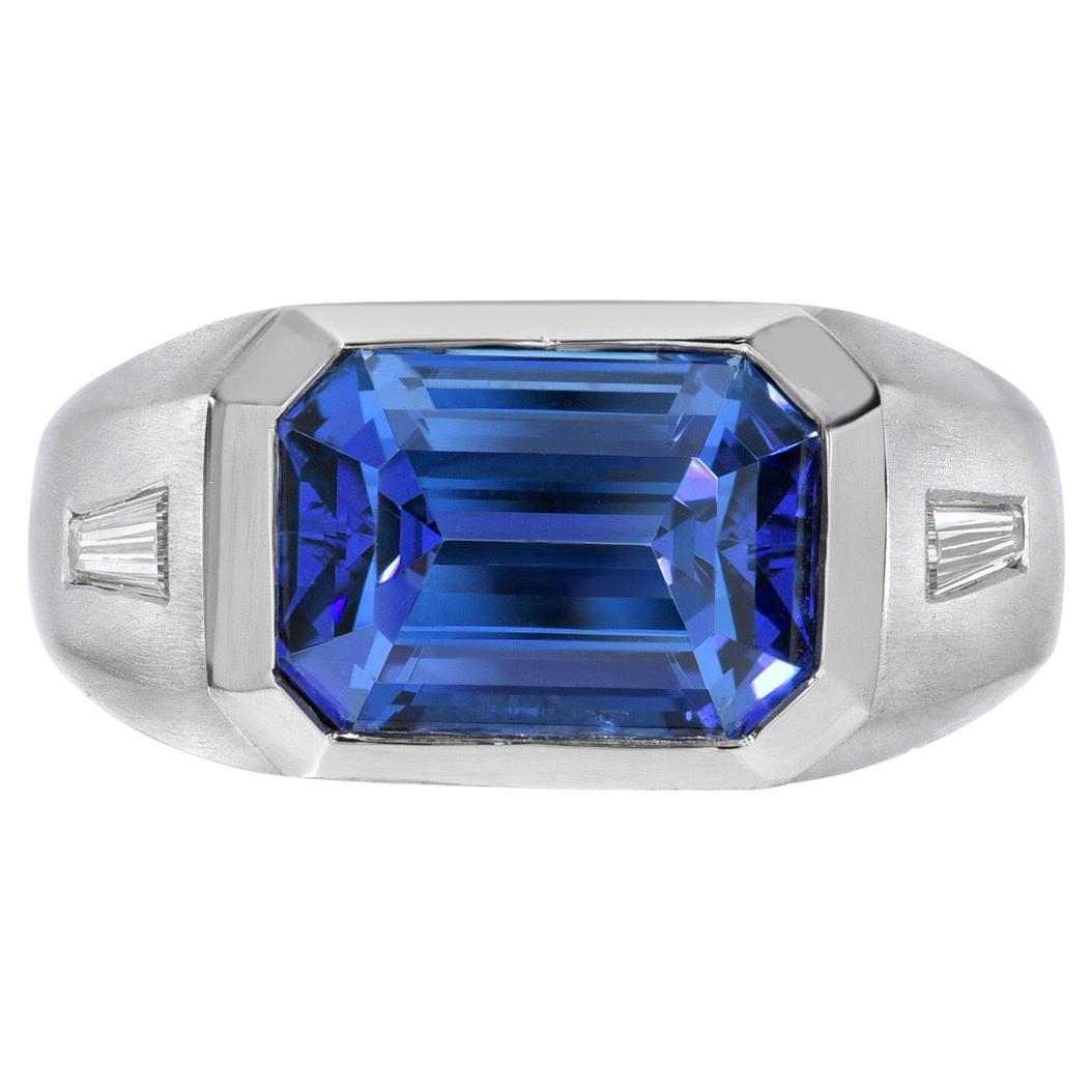 Tanzanite Ring 6.58 Carat Emerald Cut Unisex Ring For Sale