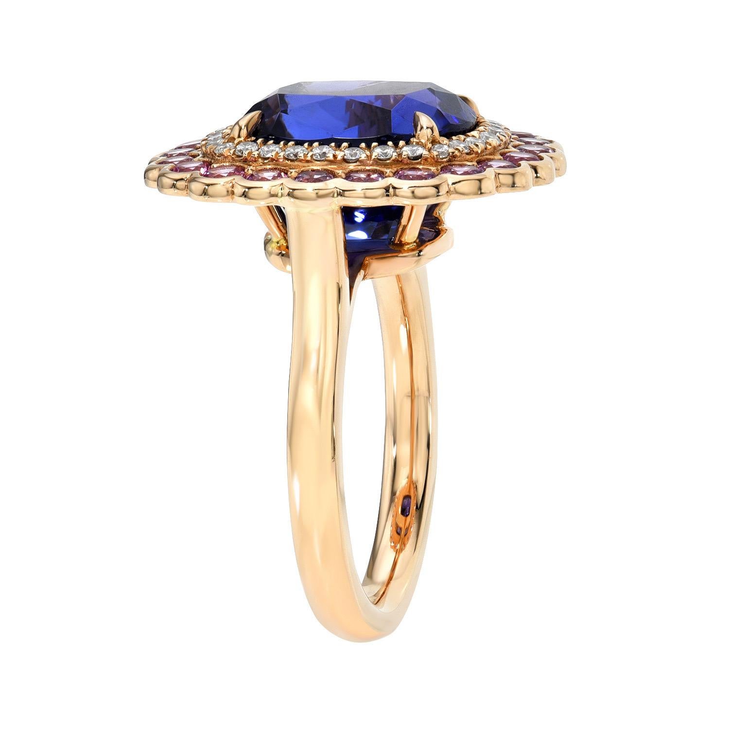Vivid 6.59 carat Tanzanite cushion, 18K rose gold ring, decorated with a total of 1.07 carats of round Pink Sapphires, and 0.20 carat round brilliant diamonds.
Ring size 6. Resizing is complementary upon request.
Returns are accepted and paid by us