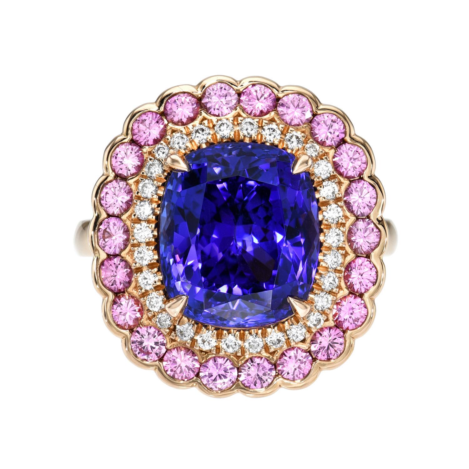 Contemporary Tanzanite Ring 6.59 Carat Cushion Pink Sapphire Diamond For Sale