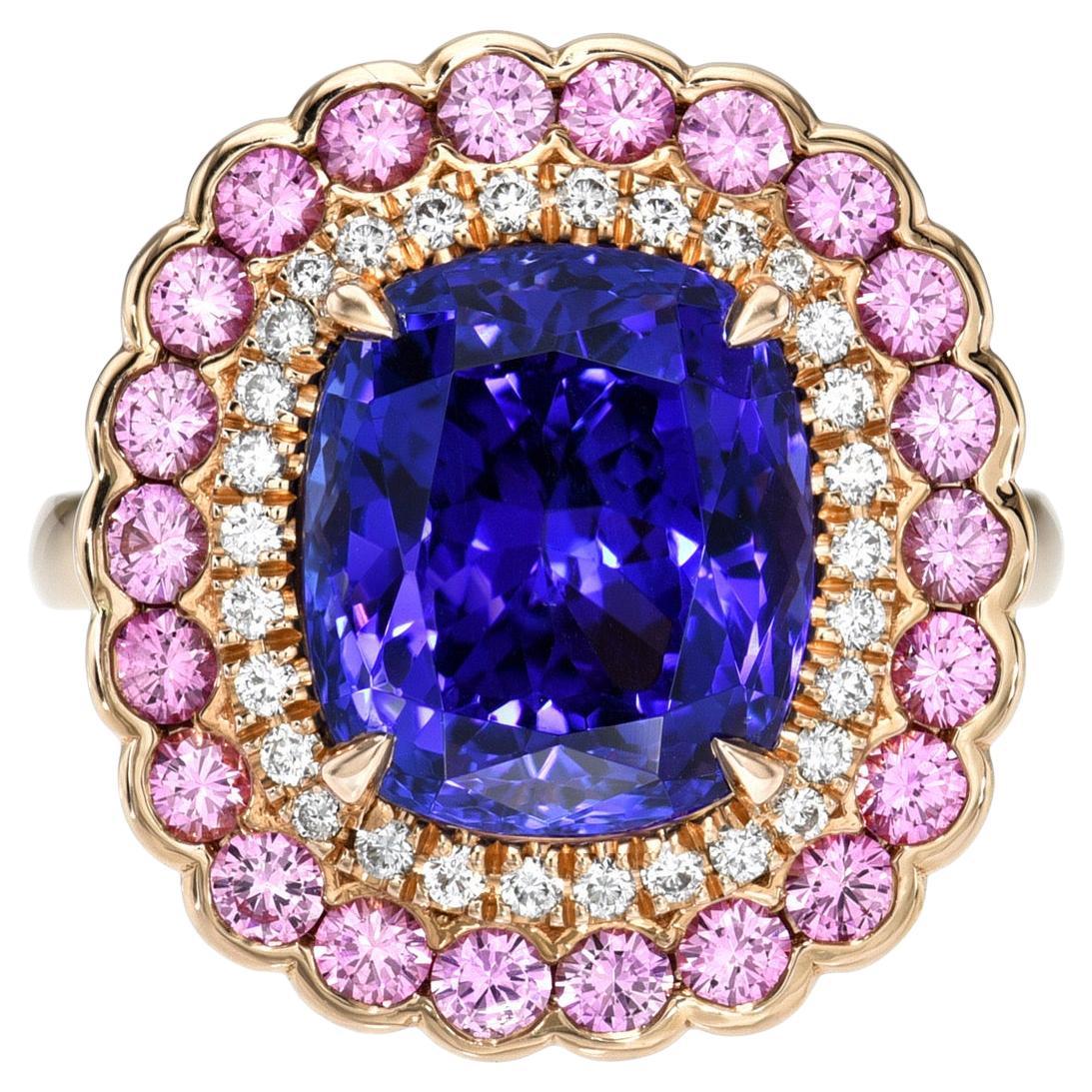 Tanzanite Ring 6.59 Carat Cushion Pink Sapphire Diamond For Sale