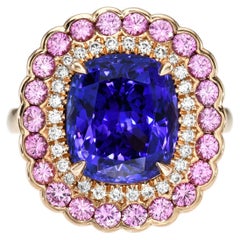 Retro Tanzanite Ring 6.59 Carat Cushion Pink Sapphire Diamond