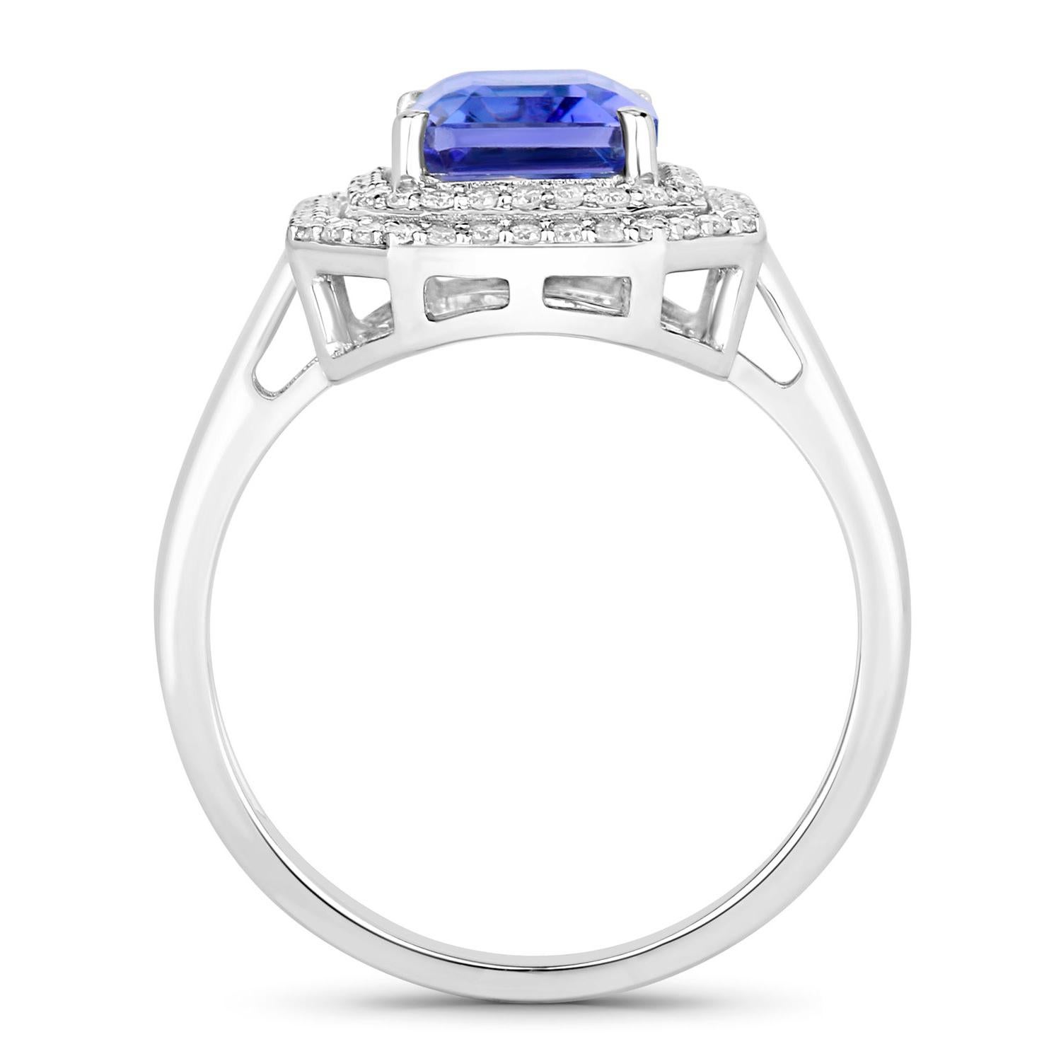 Emerald Cut Tanzanite Ring Diamonds 3.3 Carats 14K White Gold For Sale