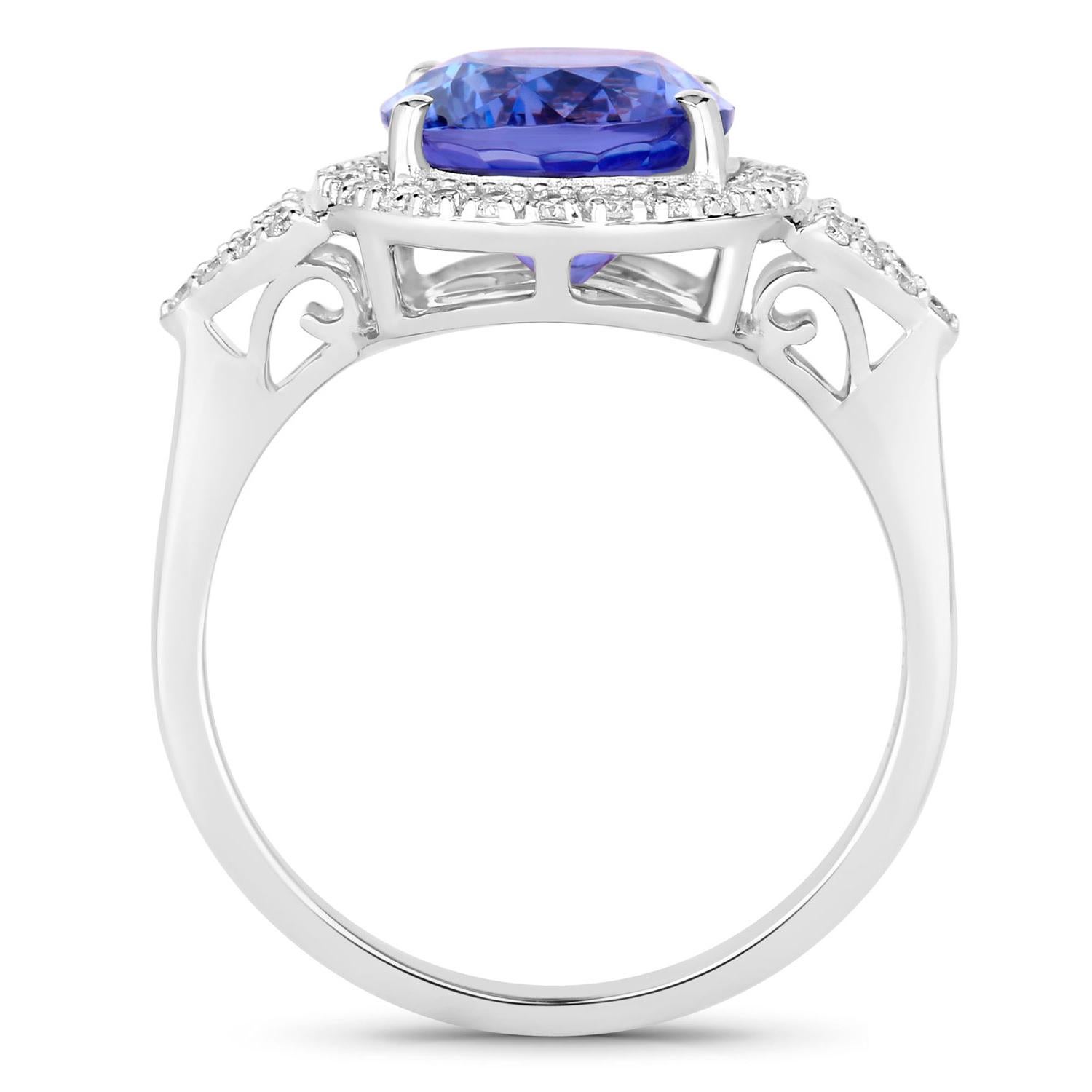 Oval Cut Tanzanite Ring Diamonds 3.96 Carats 14K White Gold For Sale