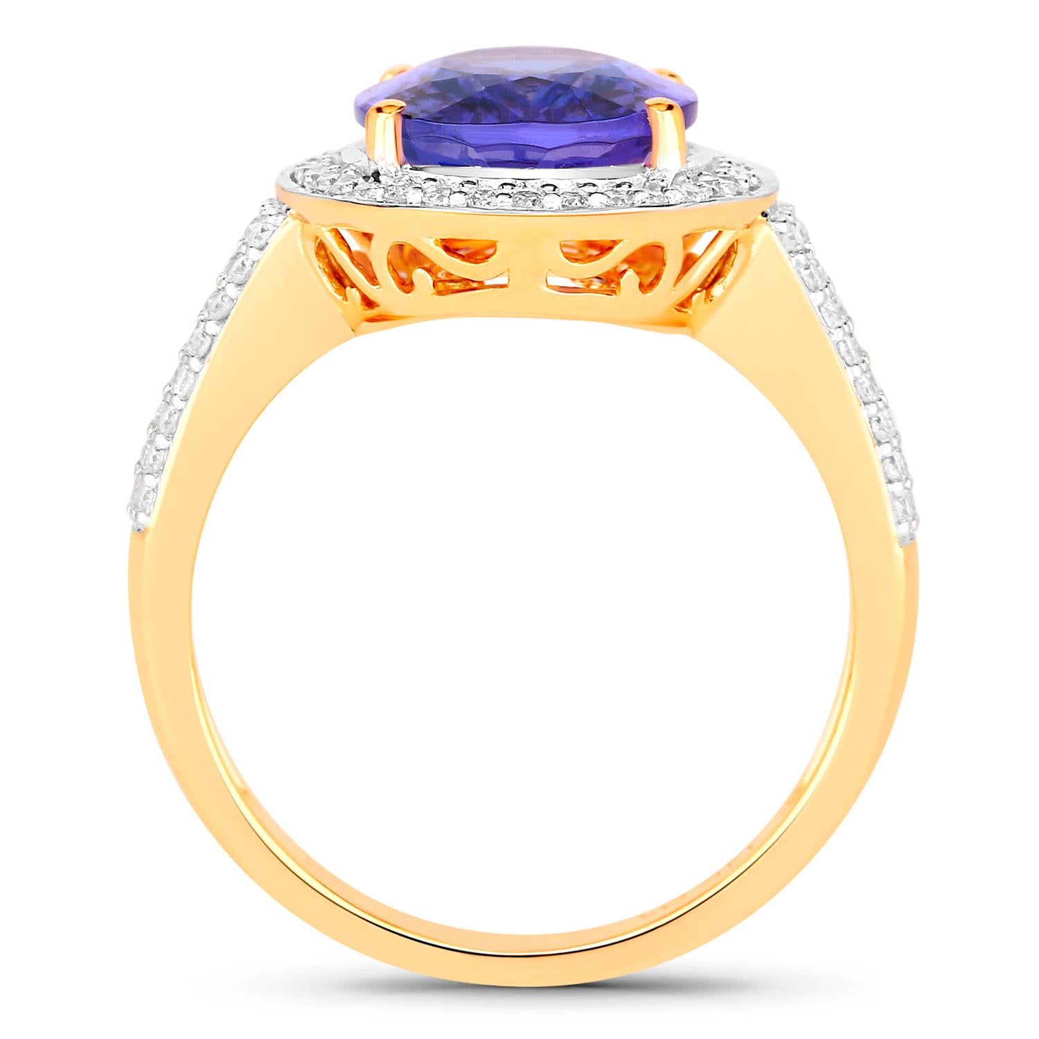Oval Cut Tanzanite Ring Diamonds 4.01 Carats 14K Yellow Gold For Sale