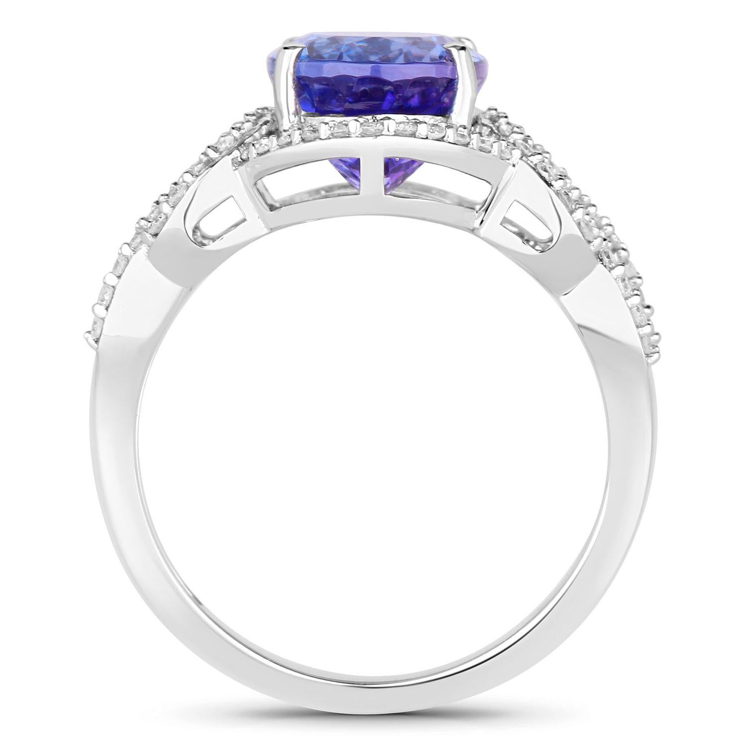 Oval Cut Tanzanite Ring Diamonds 4.06 Carats 14K White Gold For Sale