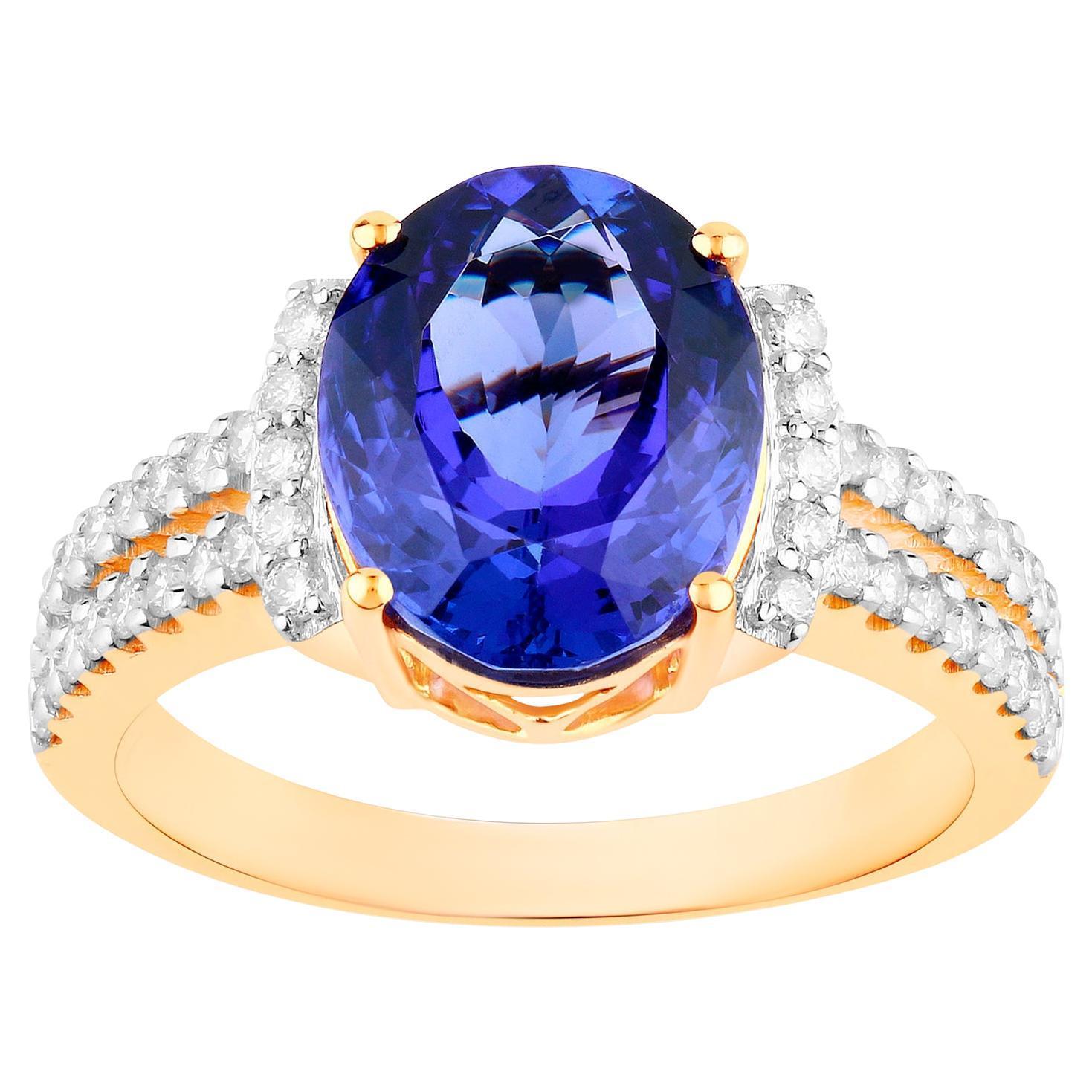 Tanzanite Ring Diamonds 4.18 Carats 14K Yellow Gold In Excellent Condition For Sale In Aliso Viejo, CA