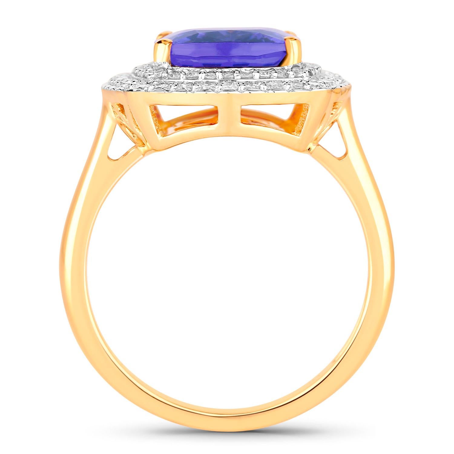 Cushion Cut Tanzanite Ring Diamonds 4.83 Carats 14K Yellow Gold For Sale