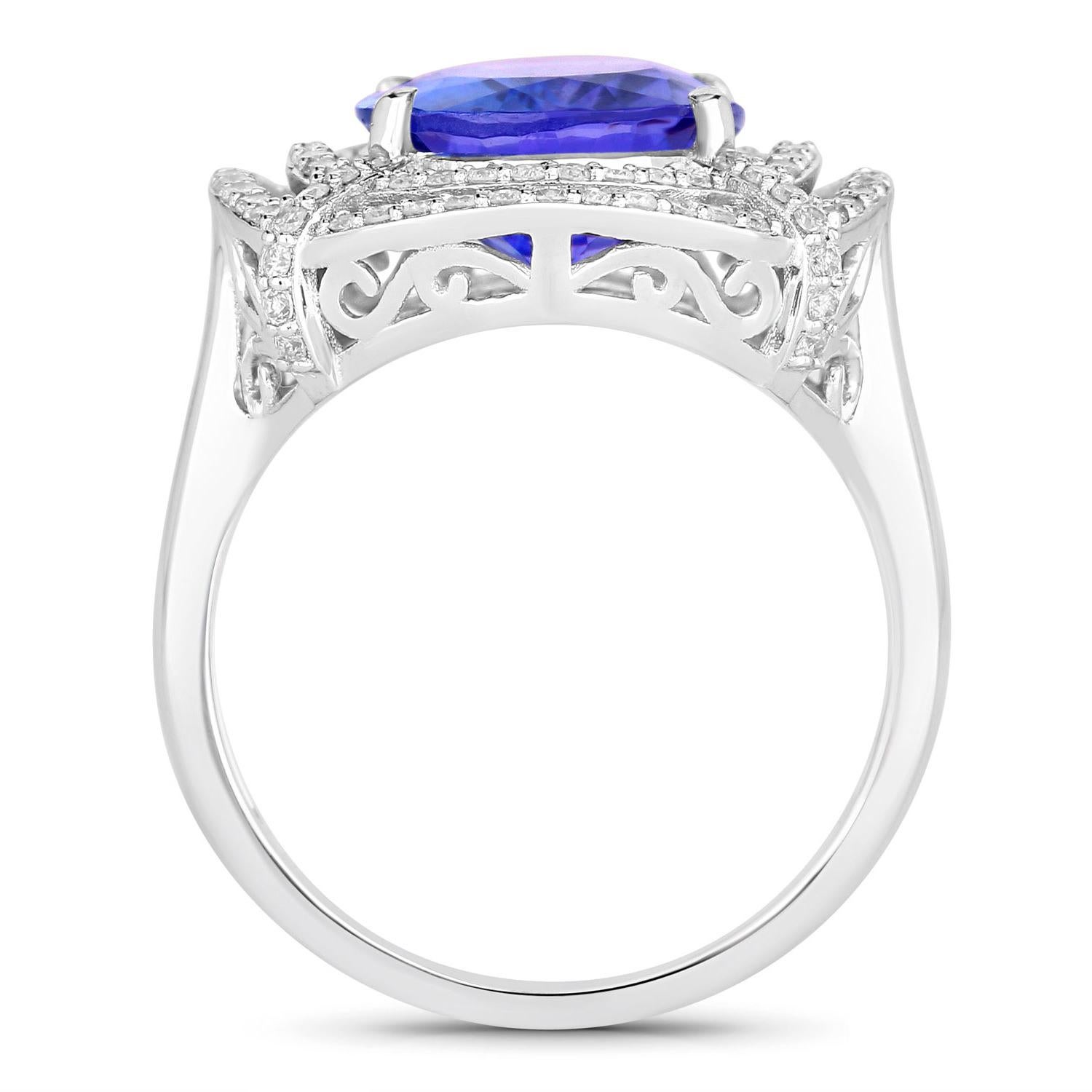 Oval Cut Tanzanite Ring Diamonds 5.15 Carats 14K White Gold For Sale