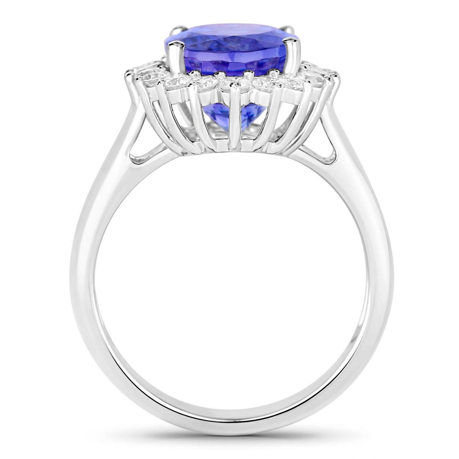 Oval Cut Tanzanite Ring Diamonds 5.9 Carats 14K White Gold For Sale