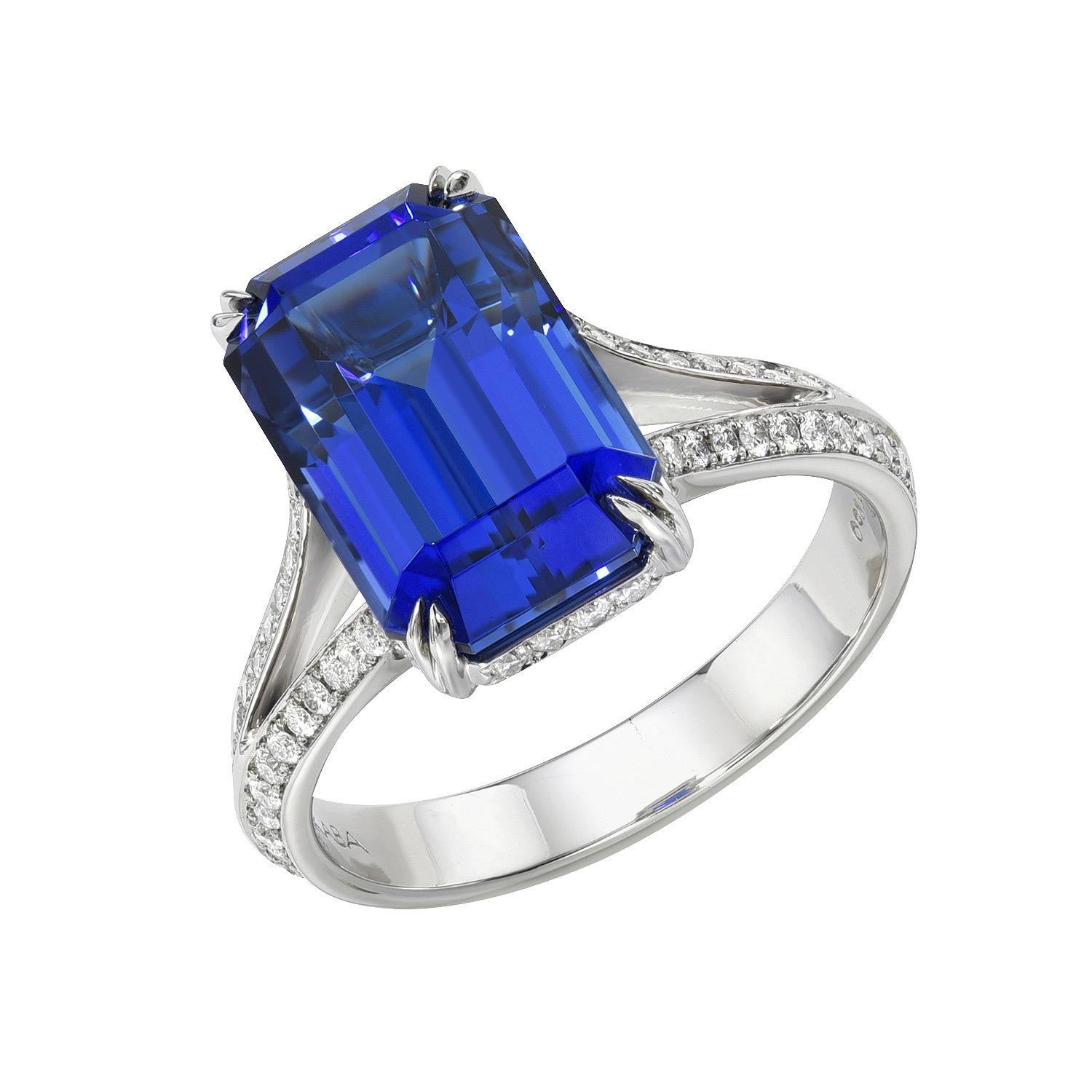 Stunning 7.11 carat Tanzanite Emerald-Cut platinum ring, decorated with a total of 0.45 carat round brilliant diamonds.
Ring size 6.5. Resizing is complementary upon request.
Crafted by extremely skilled hands in the USA.
Returns are accepted and