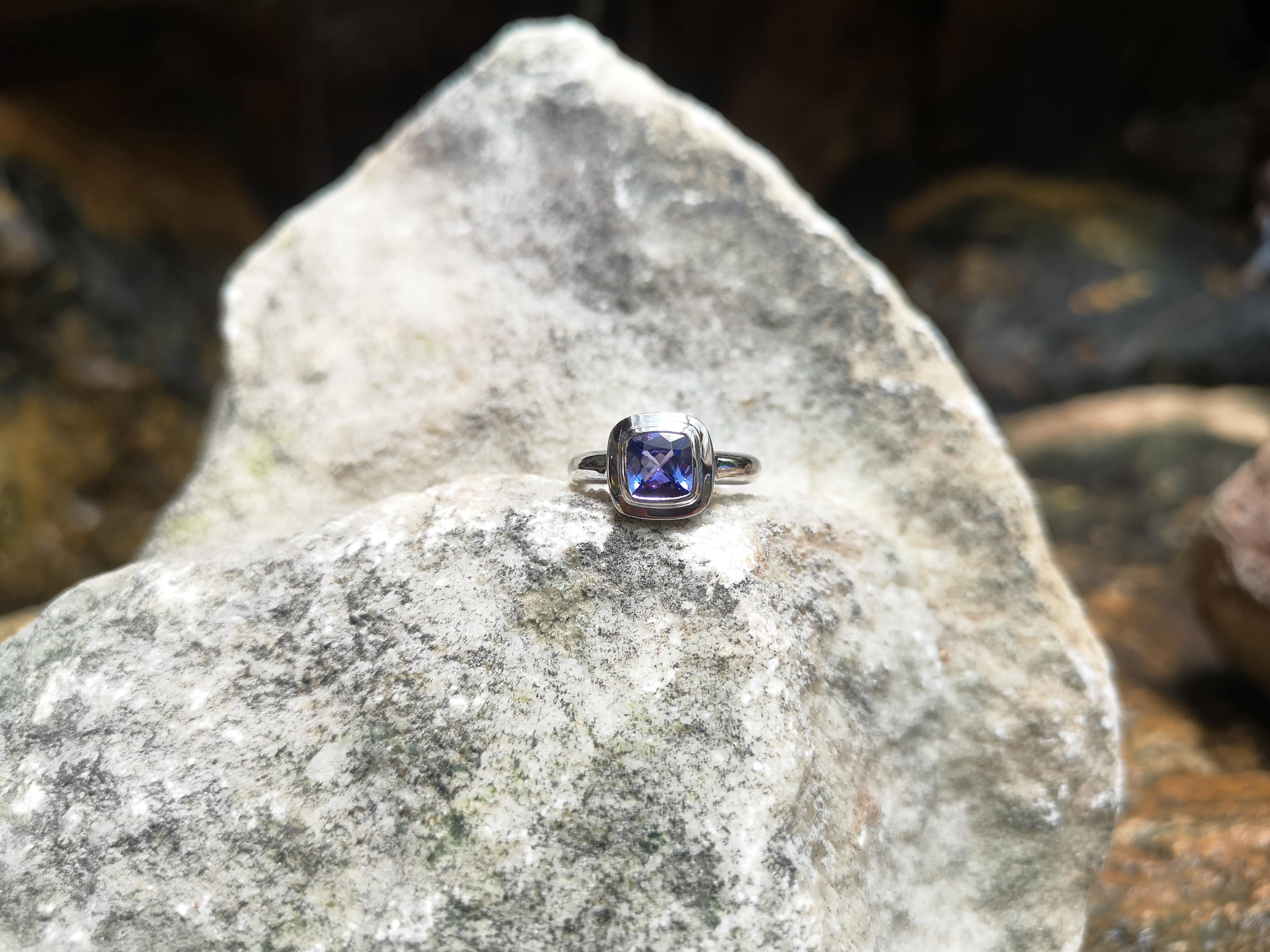 Cushion Cut Tanzanite Ring Set in 18 Karat White Gold Settings For Sale