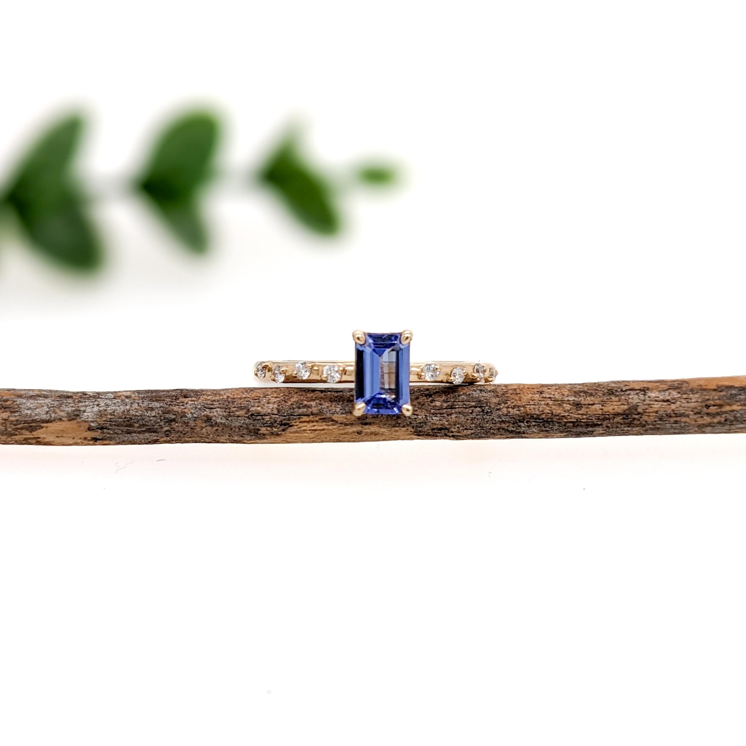 Art Nouveau Tanzanite Ring w Earth Mined Diamonds in Solid 14K Yellow Gold  Emerald Cut For Sale