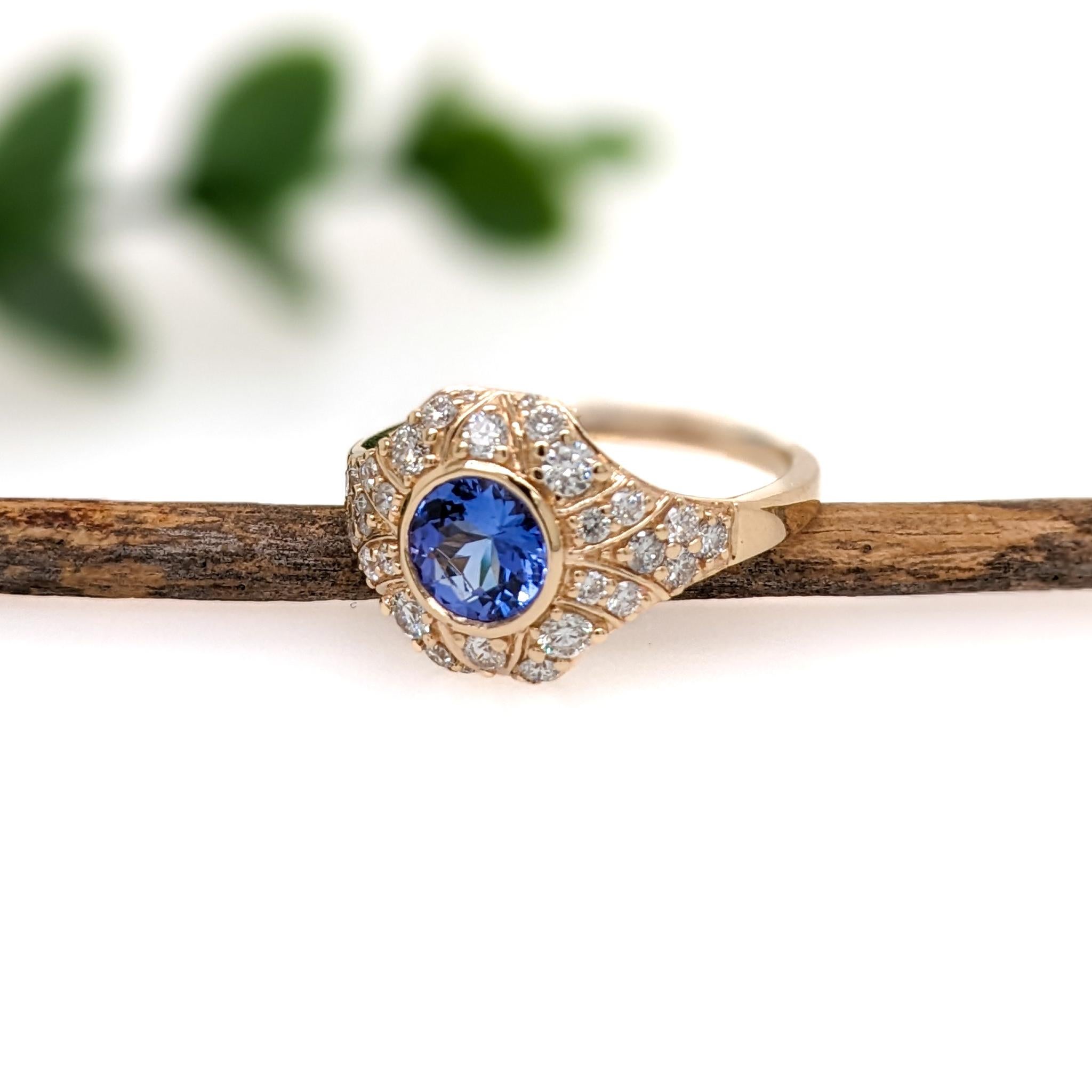 Modern Tanzanite Ring w Earth Mined Diamonds in Solid 14K Yellow Gold Round 6mm For Sale