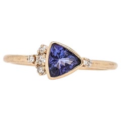 Tanzanite Ring w Natural Diamonds in Solid 14K Yellow Gold Trillion Cut 5mm