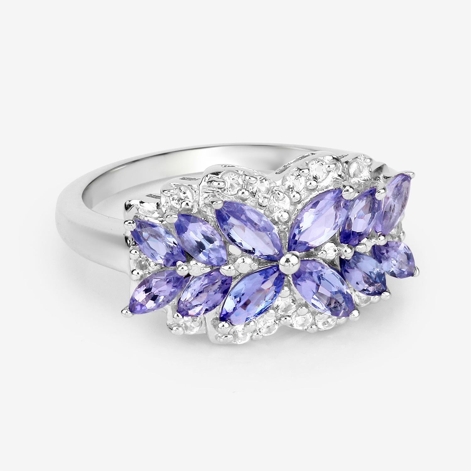 Women's or Men's Tanzanite Ring White Topazes 1.5 Carats Sterling Silver For Sale