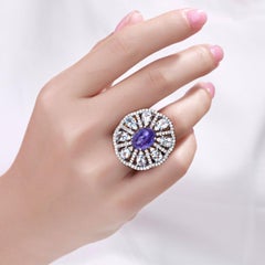 Tanzanite Ring With Aquamarine and Diamonds 7.34 Carats Sterling Silver