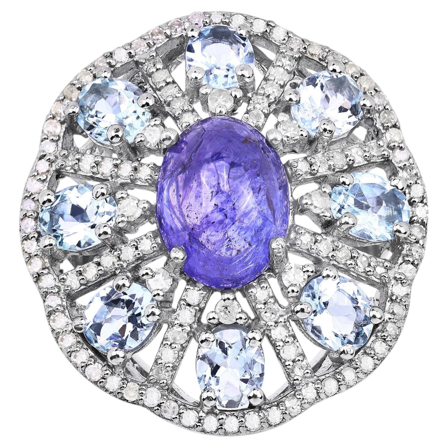 Anello con tanzanite, acquamarina e diamanti, 7,34 carati, argento sterling in vendita