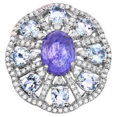 Bague en tanzanite avec aigue-marine et diamants, 7,34 carats, argent sterling
