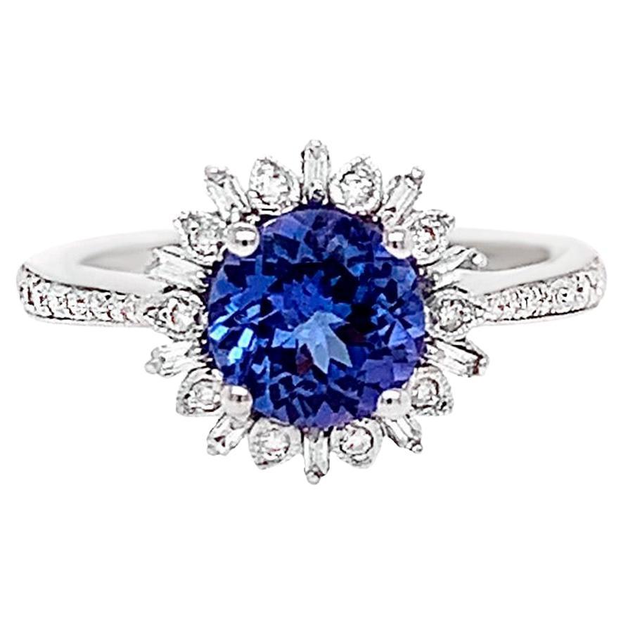 Tanzanite Ring With Diamonds 1.55 Carats 14K White Gold For Sale