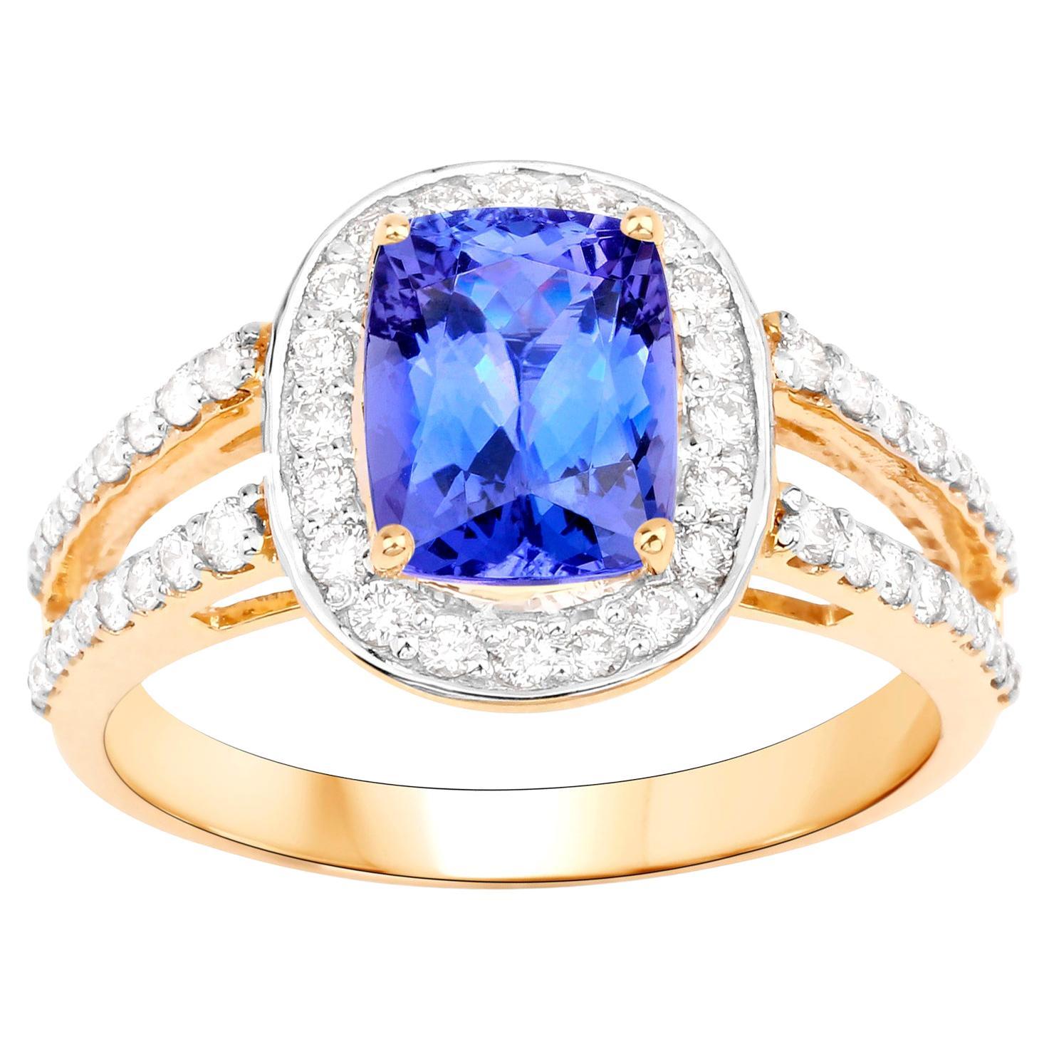 Tanzanite Ring With Diamonds 1.64 Carats 14K Yellow Gold For Sale