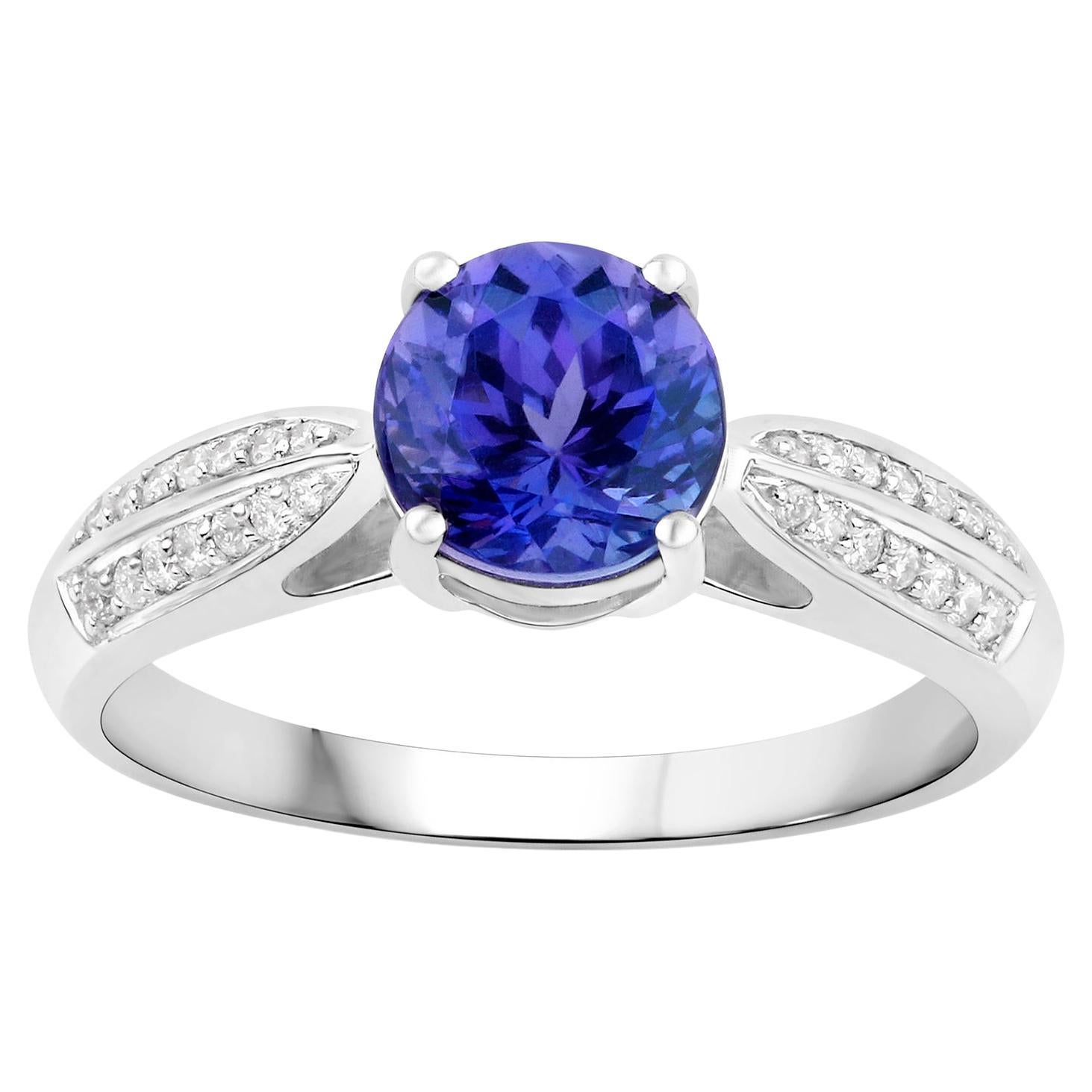 Tanzanite Ring With Diamonds 1.87 Carats 14K White Gold For Sale