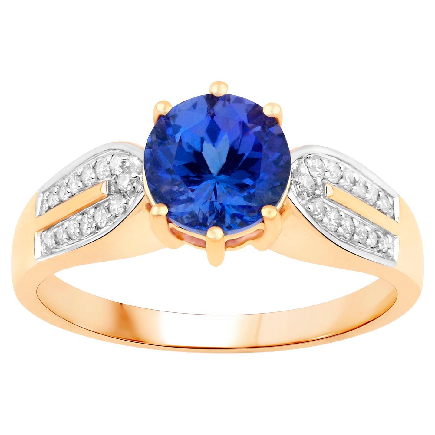 Tanzanite Ring With Diamonds 1.87 Carats 14K Yellow Gold For Sale