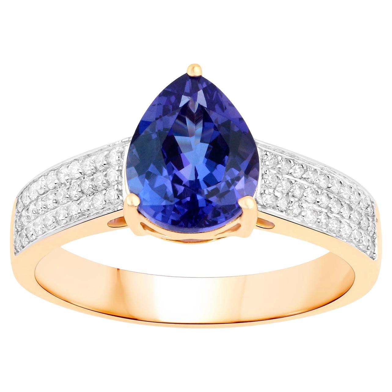 Tanzanite Ring With Diamonds 2.41 Carats 14K Yellow Gold For Sale