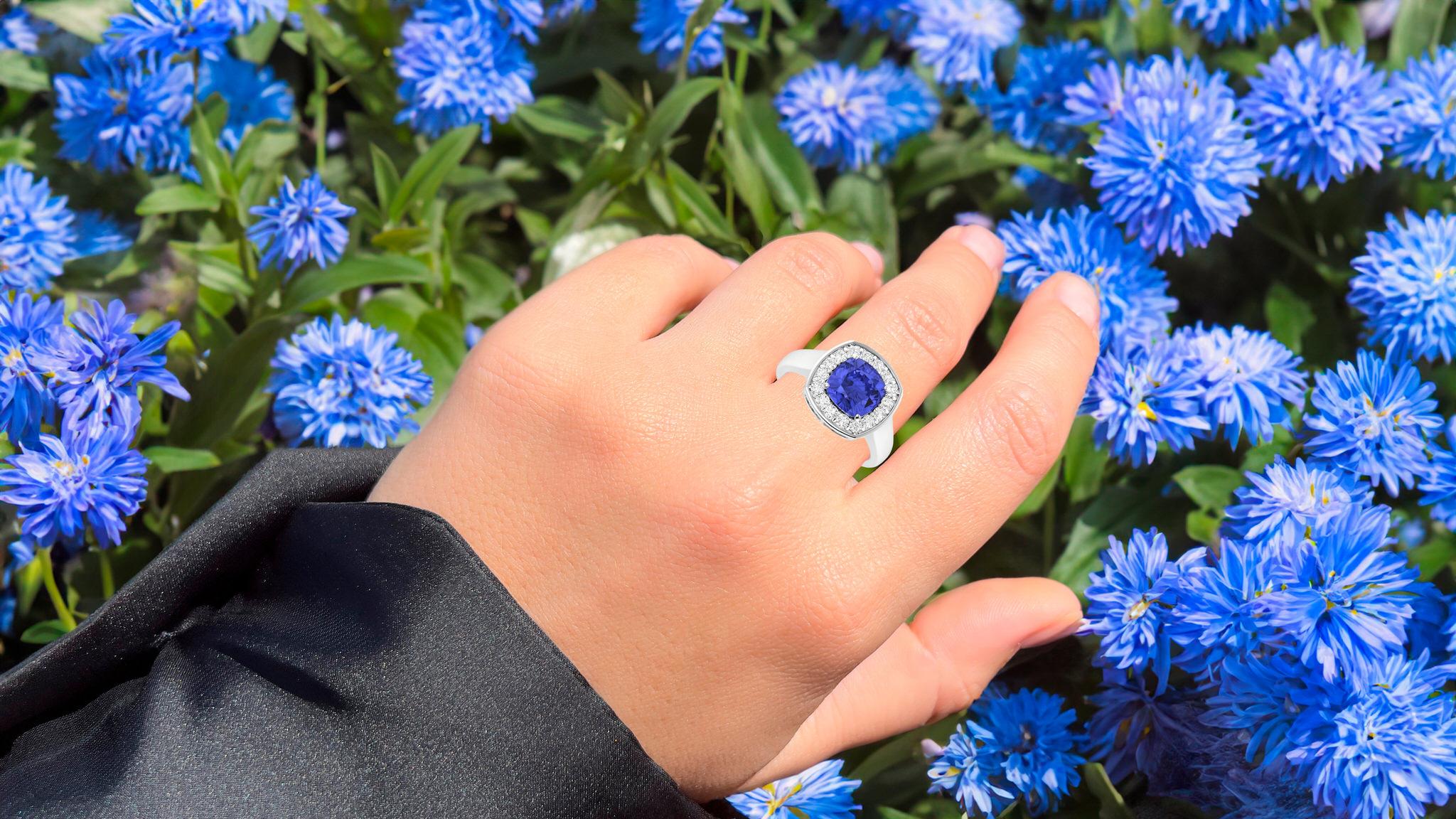 Cushion Cut Tanzanite Ring With Diamonds 2.58 Carats 14K White Gold For Sale