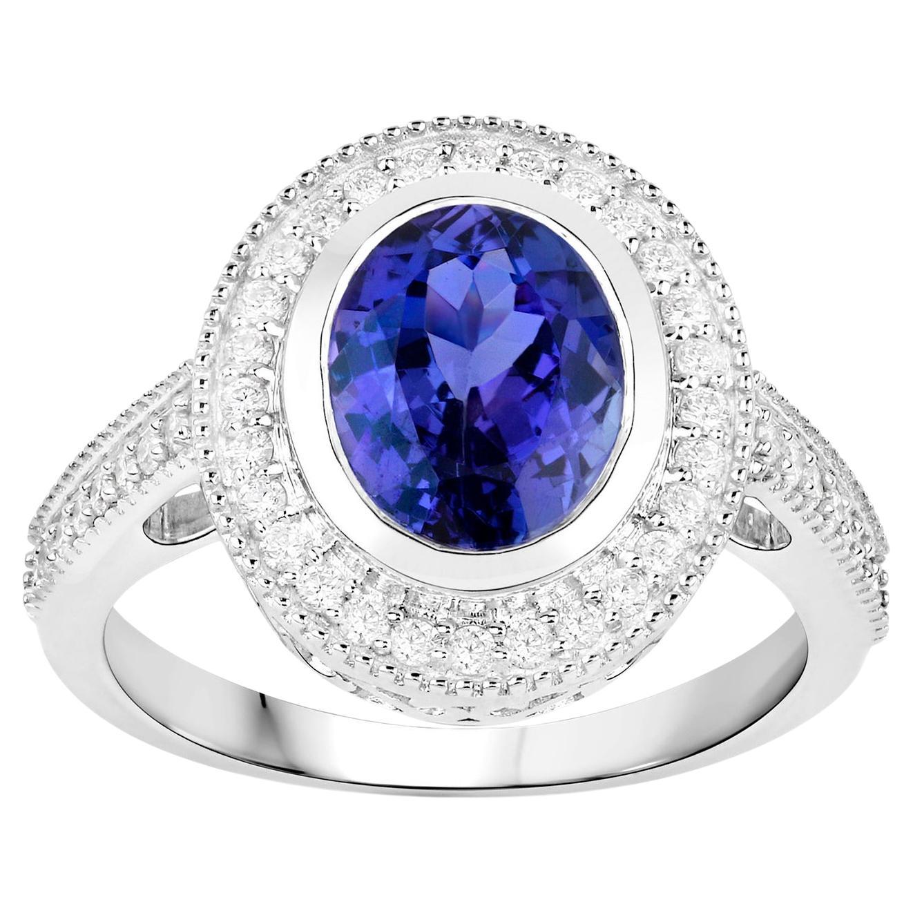 Tanzanite Ring With Diamonds 2.94 Carats 14K White Gold For Sale