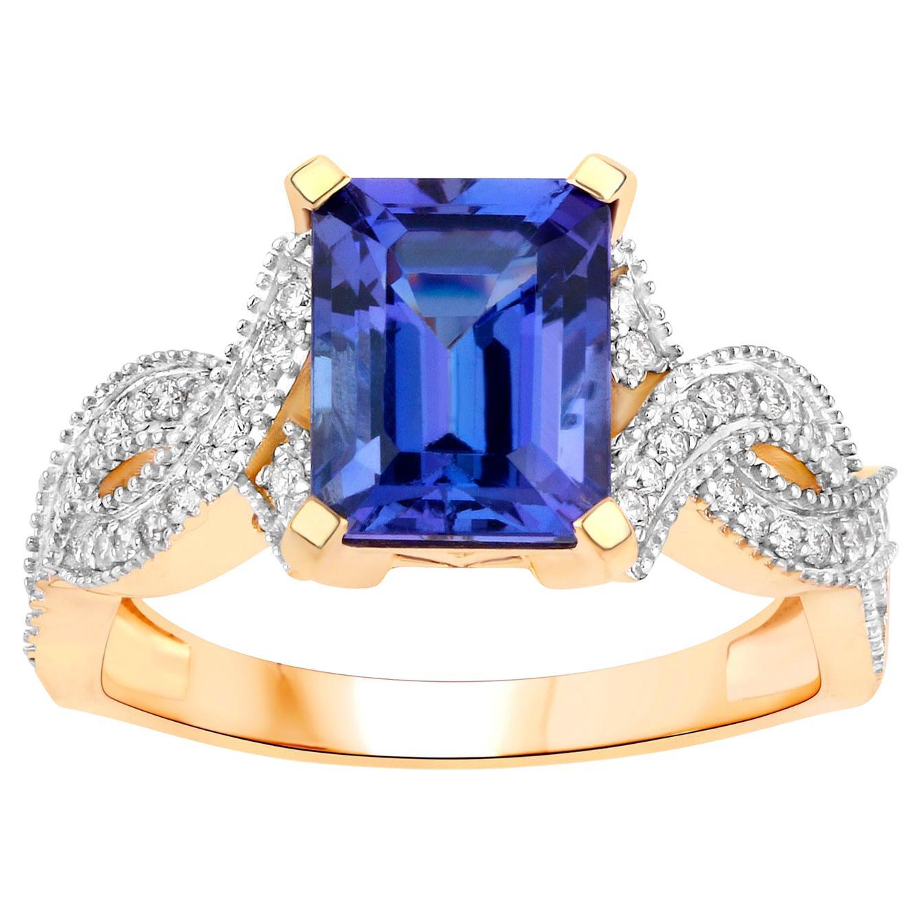 Tanzanite Ring With Diamonds 3.01 Carats 14K Yellow Gold For Sale