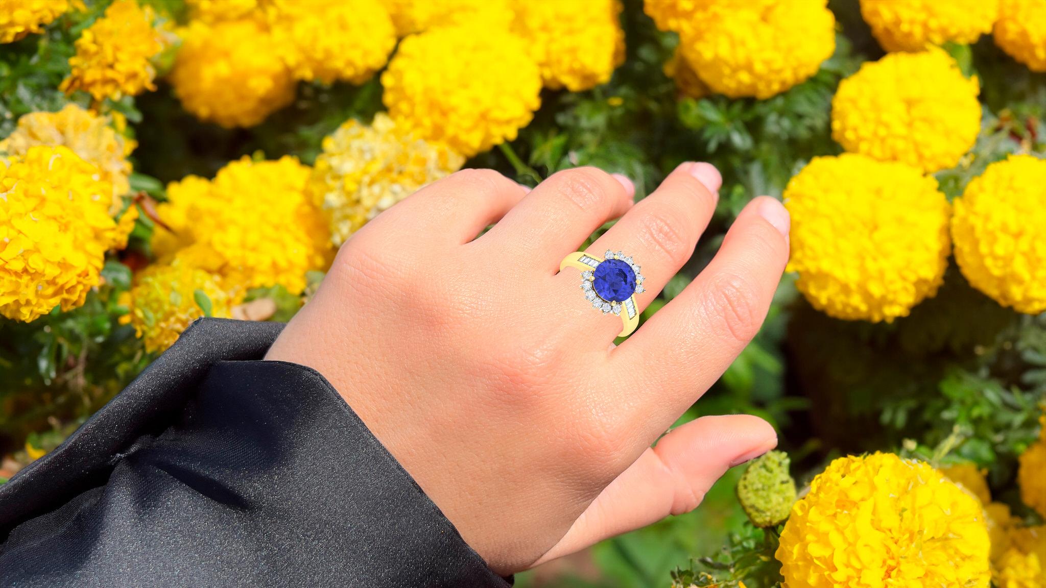 Round Cut Tanzanite Ring With Diamonds 4.18 Carats 14K Yellow Gold For Sale