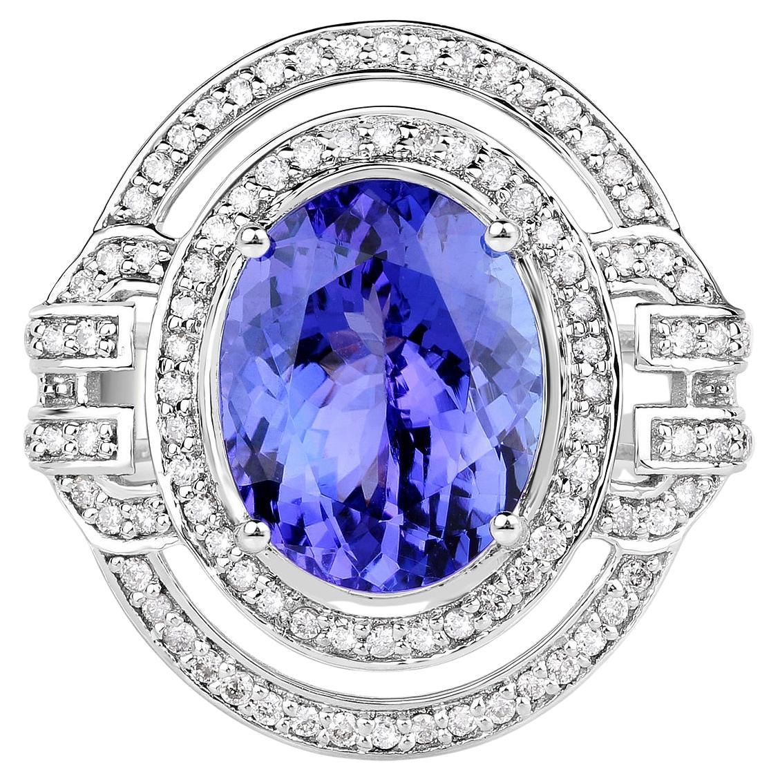 Tanzanite Ring With Diamonds 6.83 Carats 14K White Gold For Sale