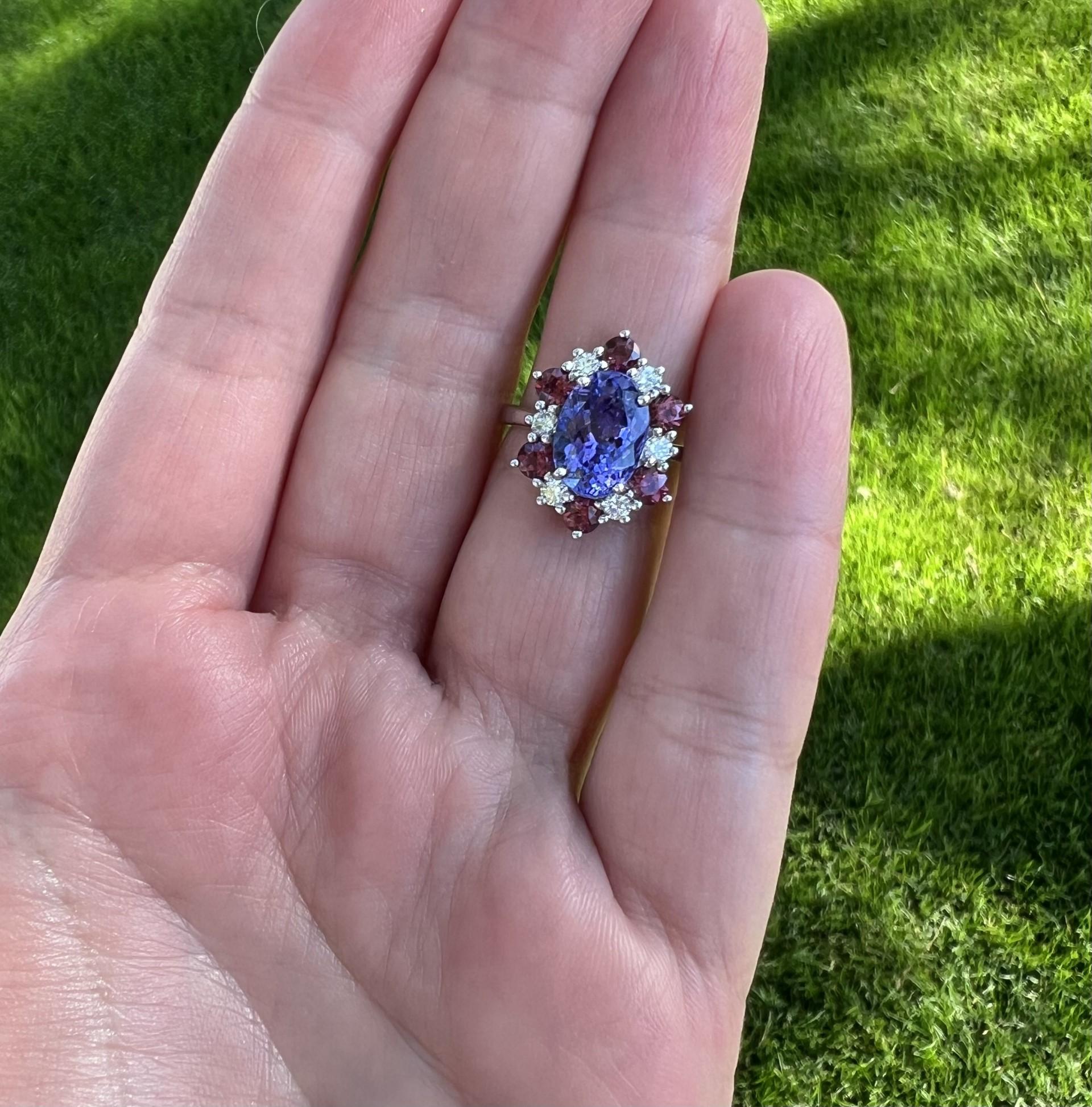 Tanzanite Ring with Rhodolite Garnet and Diamond Halo in White Gold In New Condition For Sale In Phoenix, AZ