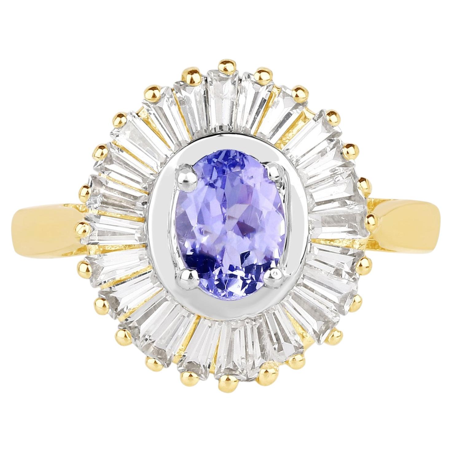 Tanzanite Ring With White Topaz 2.12 Carats Gold Plated Silver