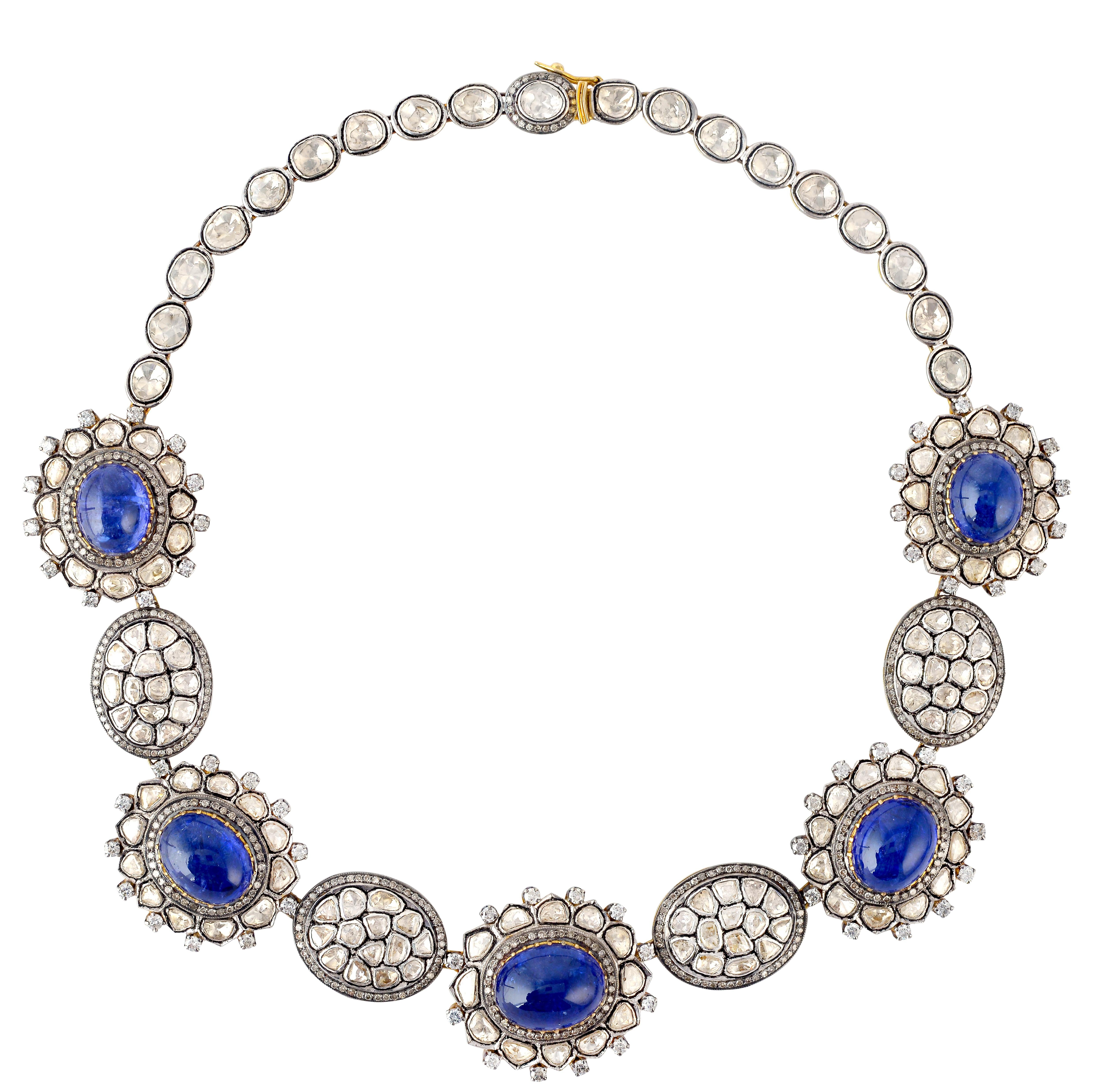 Mixed Cut Tanzanite & Rose Cut Diamond Necklace Made in Gold & Silver For Sale