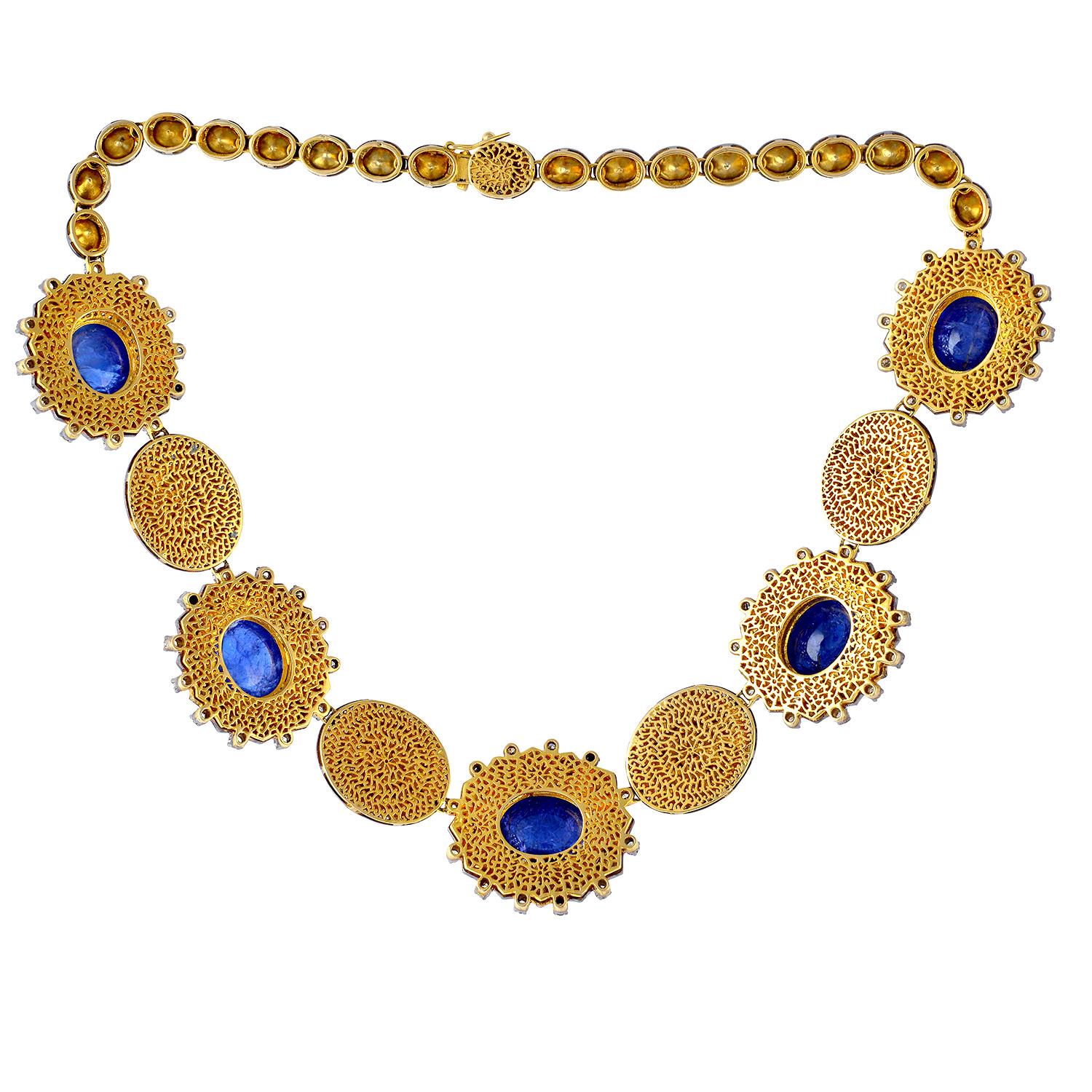 Art Nouveau Tanzanite & Rose Cut Diamond Necklace Made in Gold & Silver For Sale